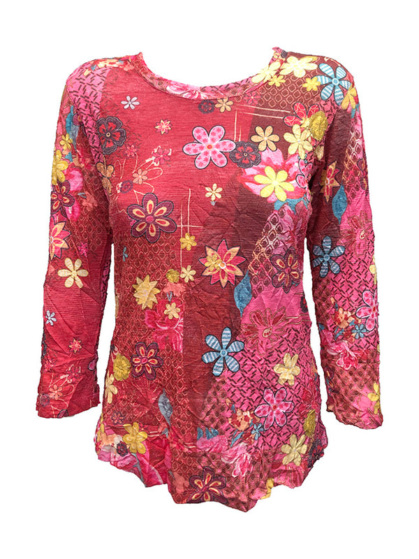 Crushed 3/4 Sleeve Pansy Crew Neck