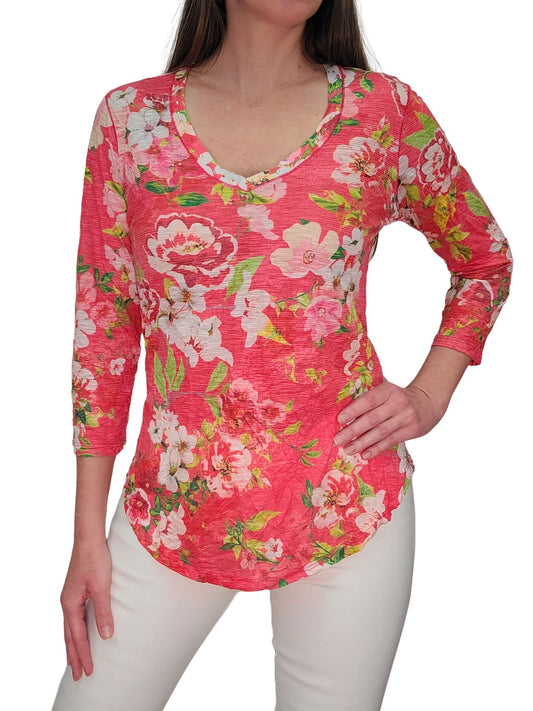 Crushed 3/4 Sleeve Rose V-Neck