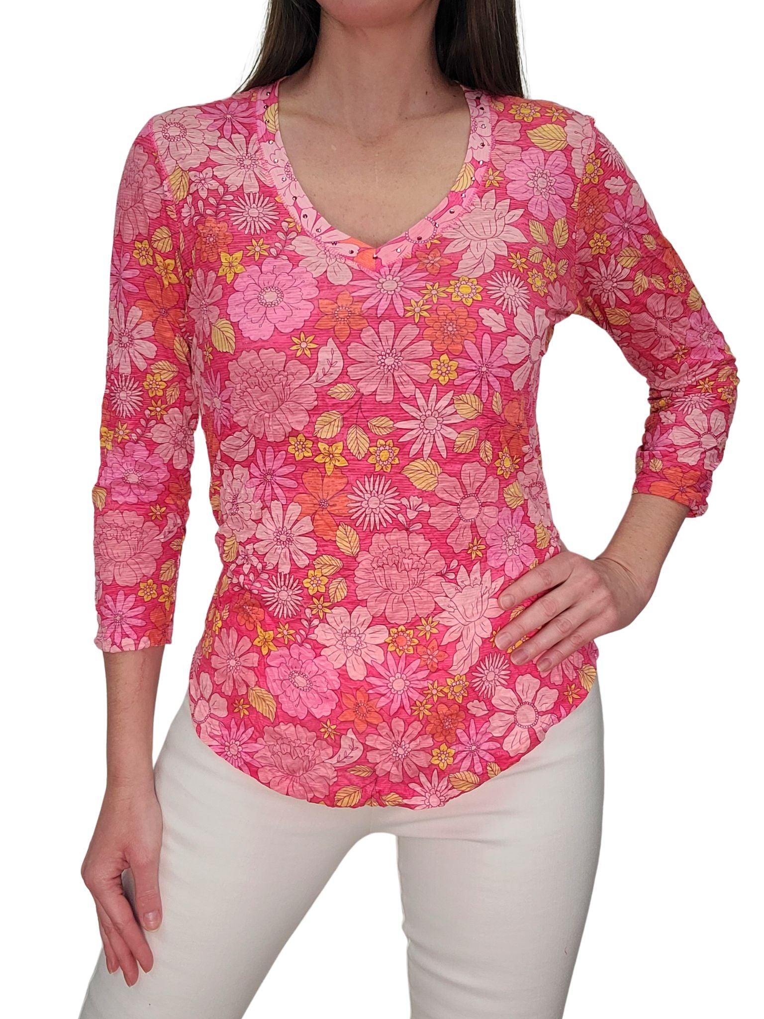 Crushed 3/4 Sleeve Pansy V-Neck with Rhinestones