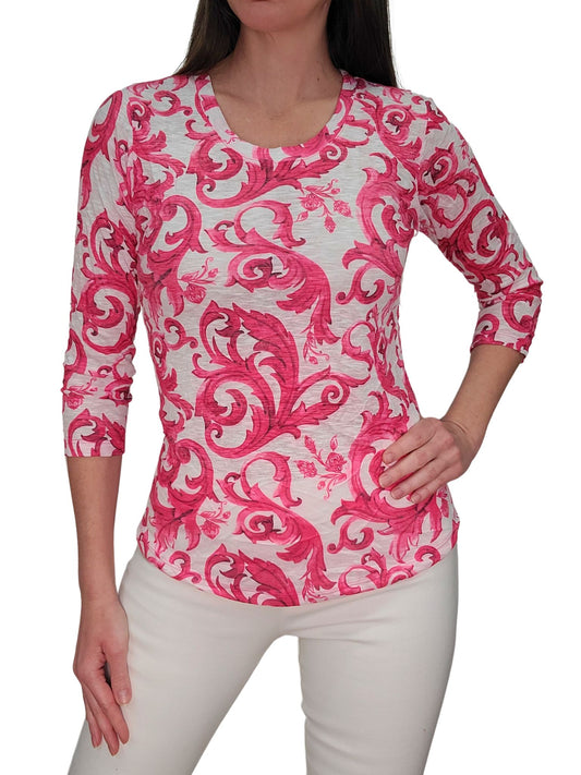 Crushed 3/4 Sleeve Fuschia Crew Neck