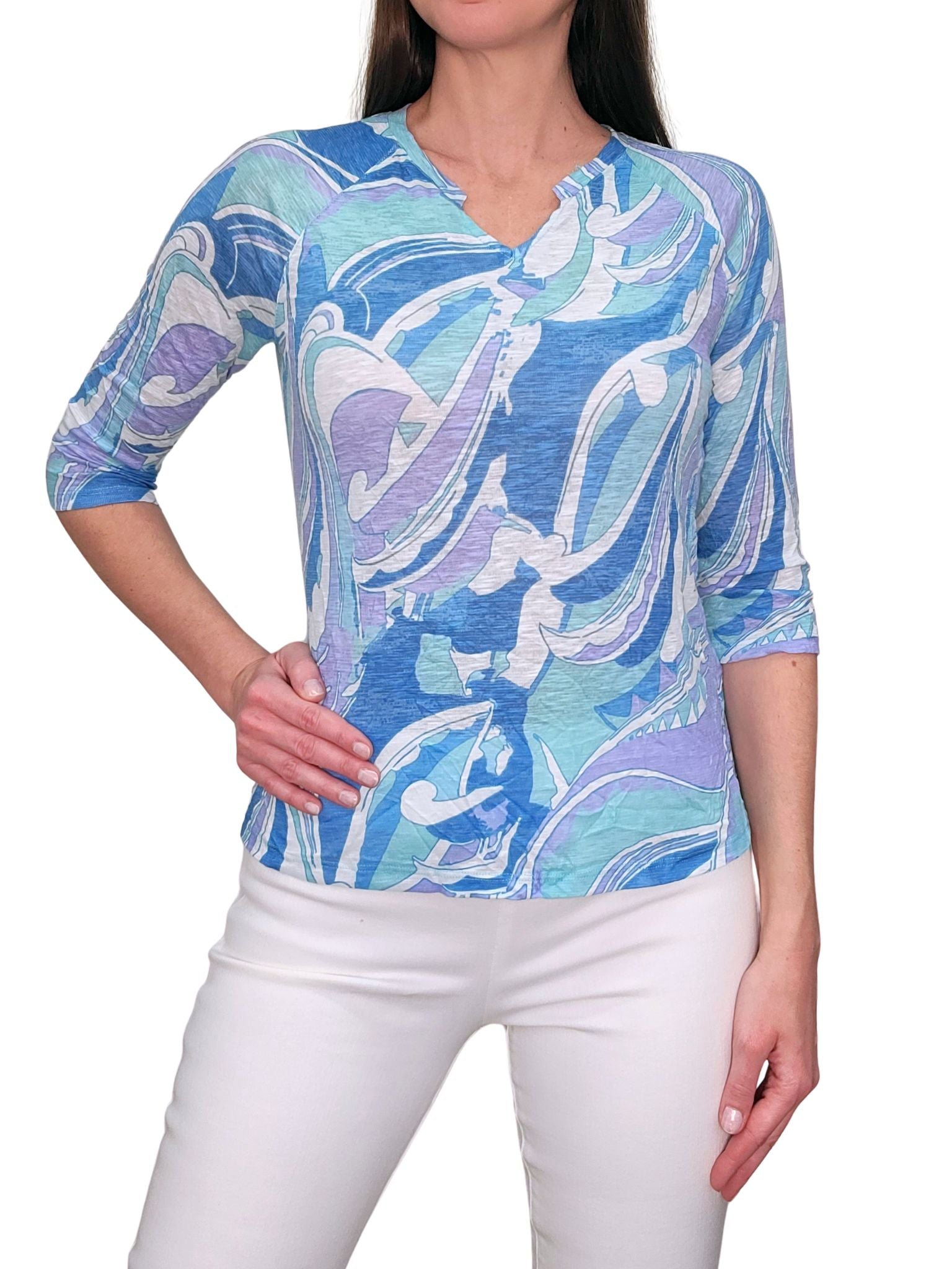 Crushed 3/4 Sleeve 'Malibu' Notch Neck Tee