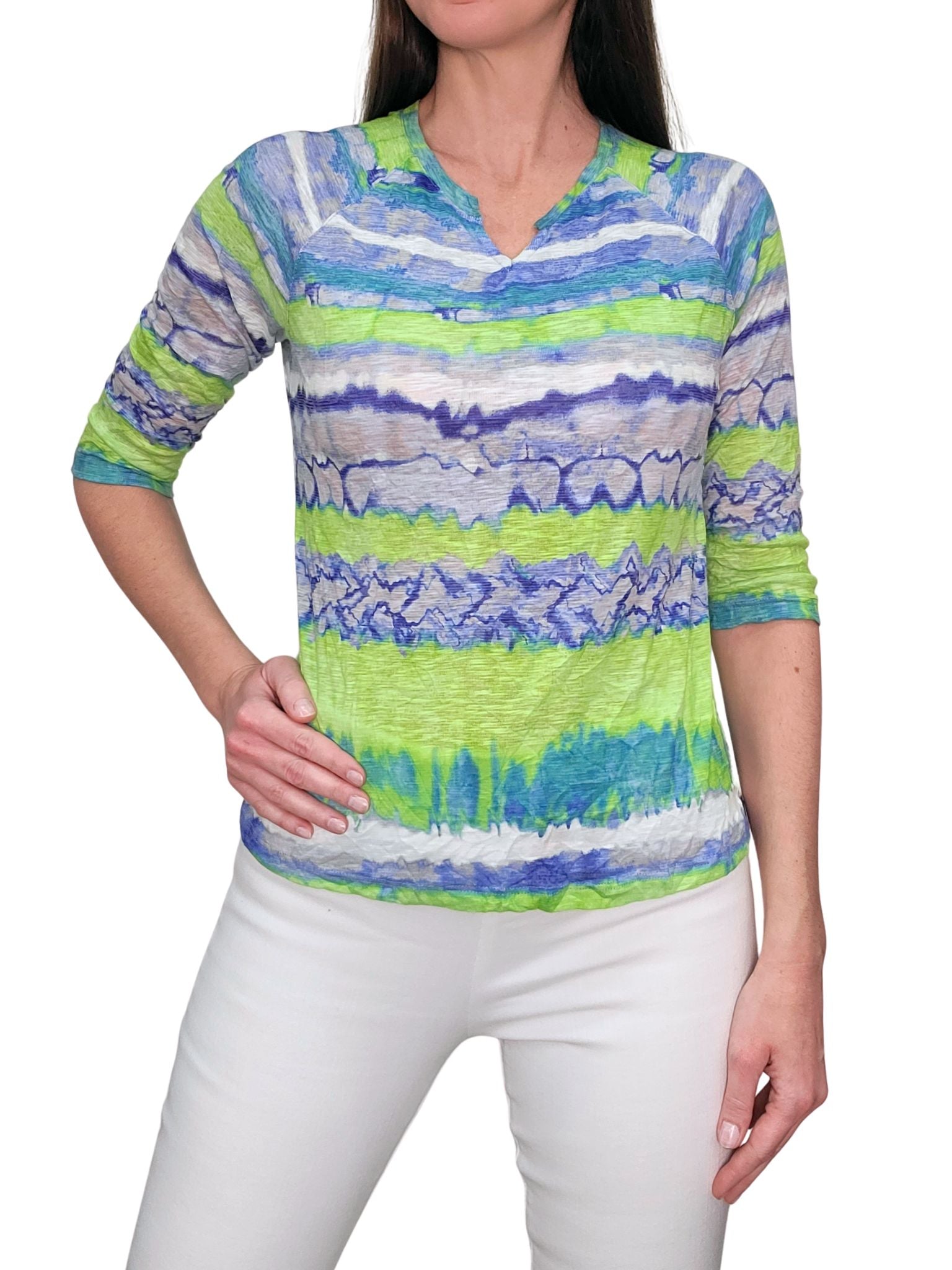 Crushed 3/4 Sleeve 'Lime' Notch Neck Tee