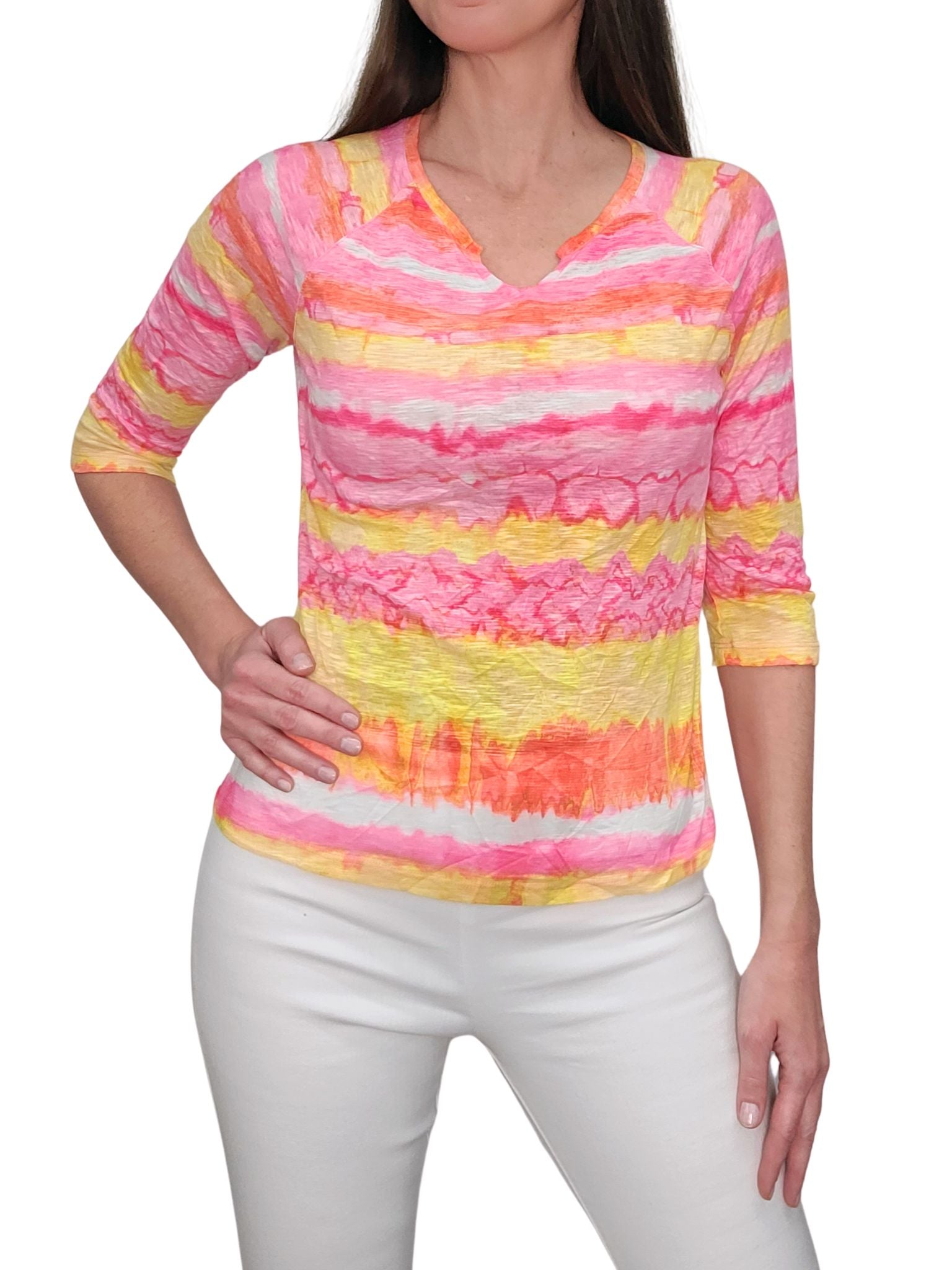 Crushed 3/4 Sleeve 'Lemon' Notch Neck Tee