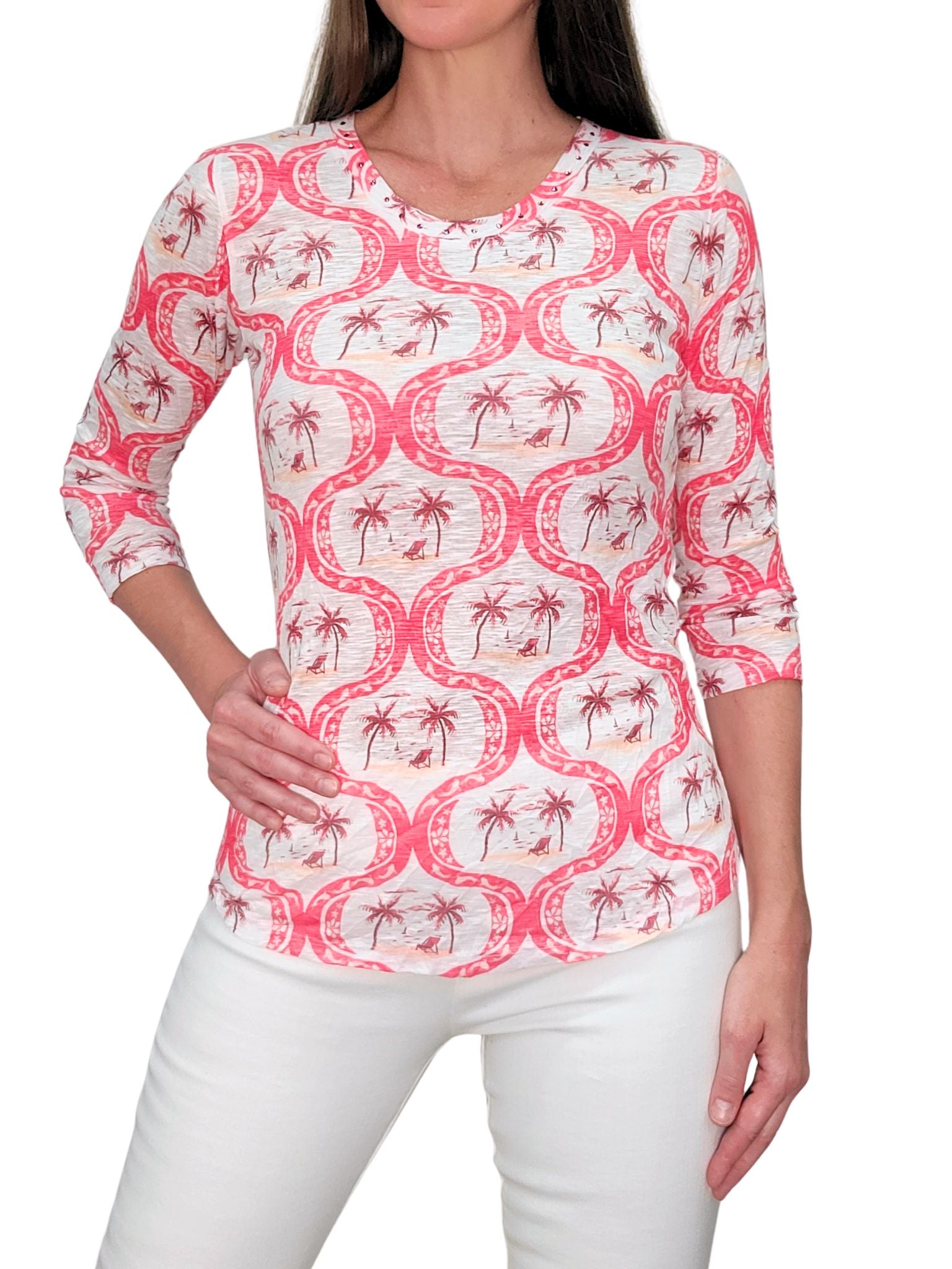 Crushed 3/4 Sleeve 'Palm' Crew Neck