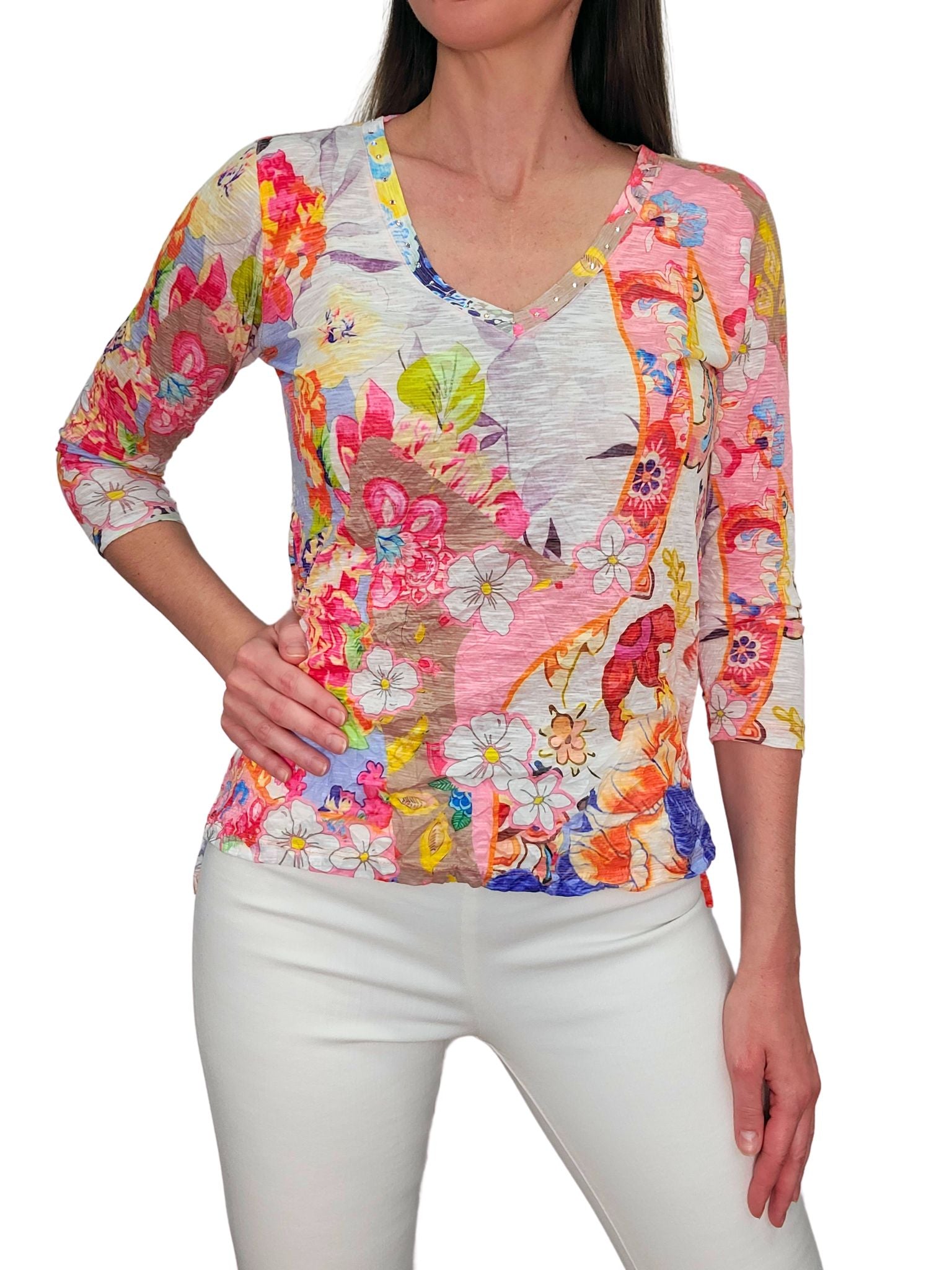 Crushed 3/4 Sleeve 'Punch' V-Neck