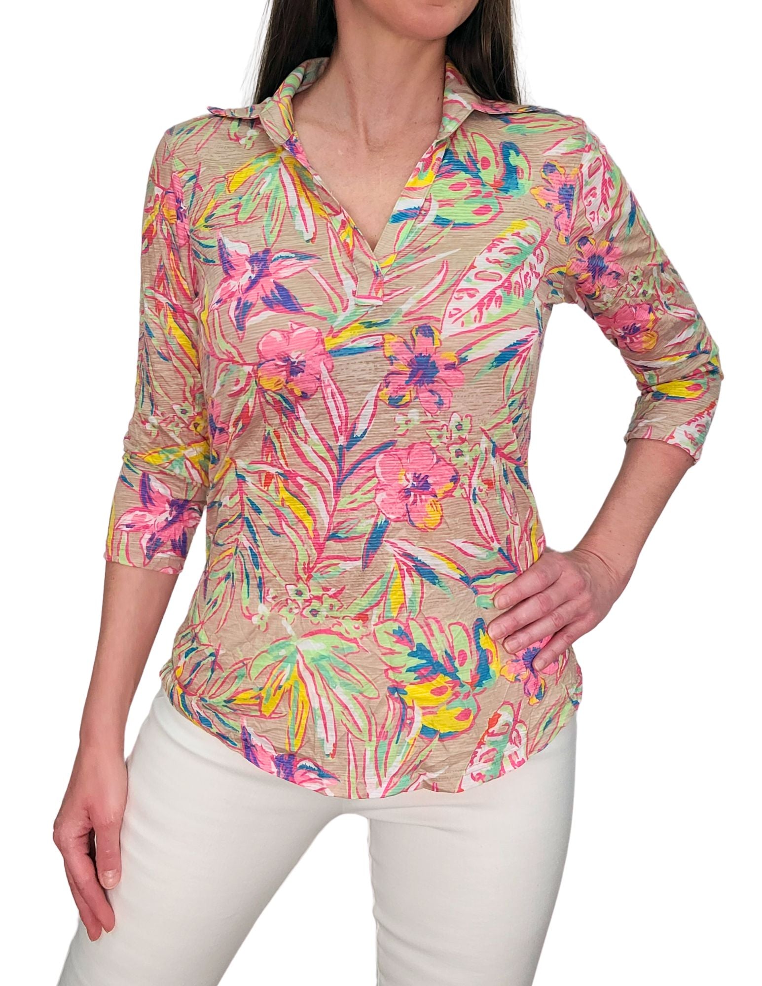 Crushed 3/4 Sleeve 'Khaki' Polo - Ready to ship