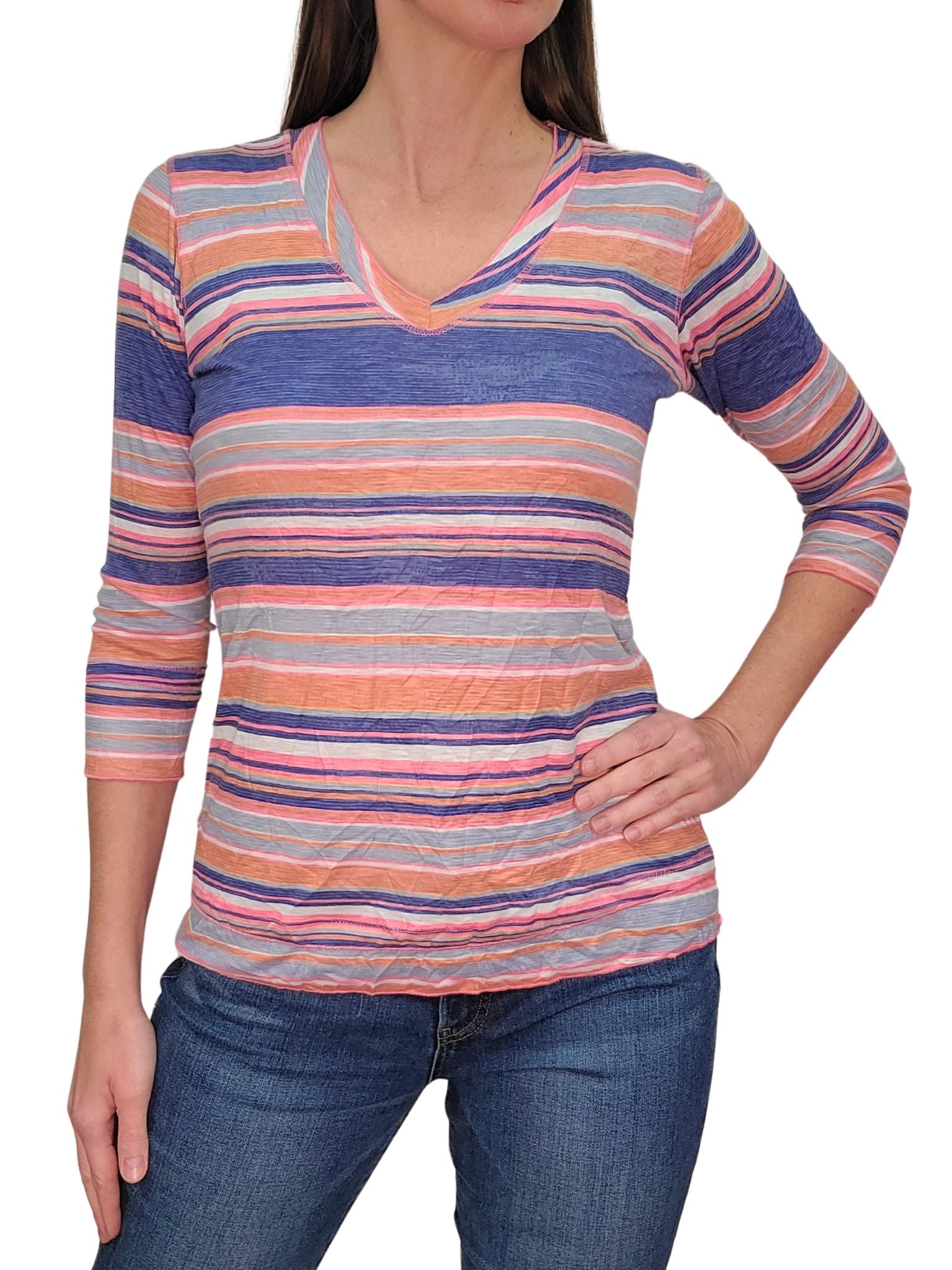 Crushed 3/4 Sleeve Denim V-Neck