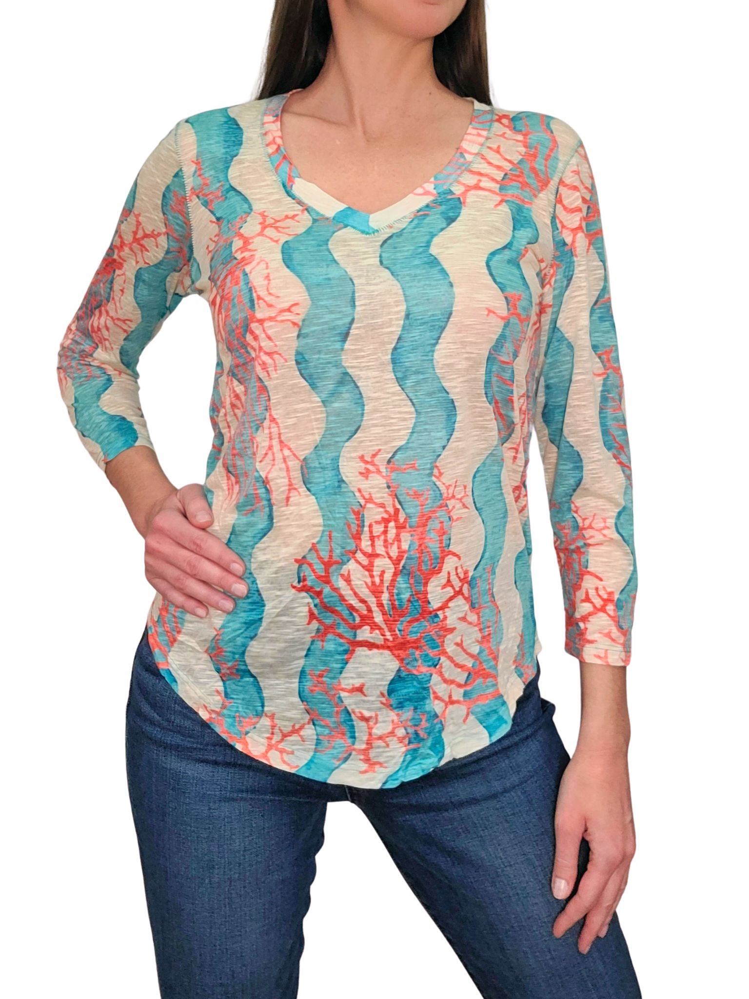 Crushed 3/4 Sleeve 'Reef' V-Neck