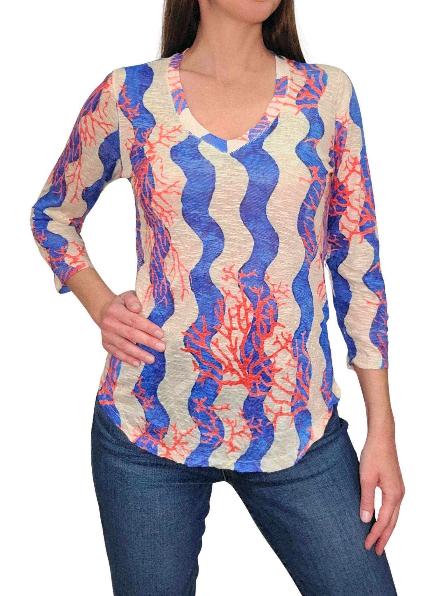 Crushed 3/4 Sleeve 'Ocean' V-Neck