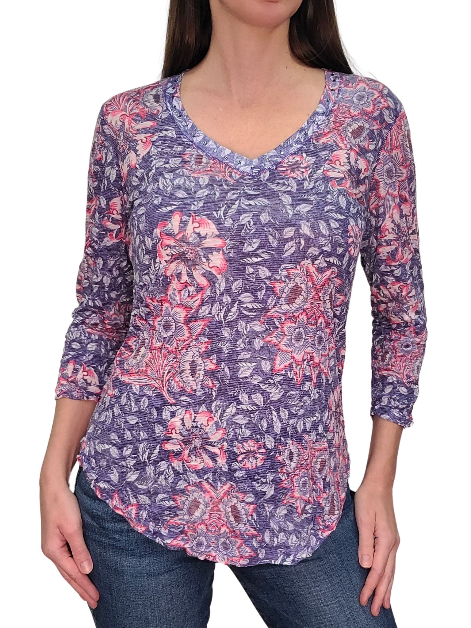 Crushed 3/4 Sleeve Lapis V-Neck with Rhinestones