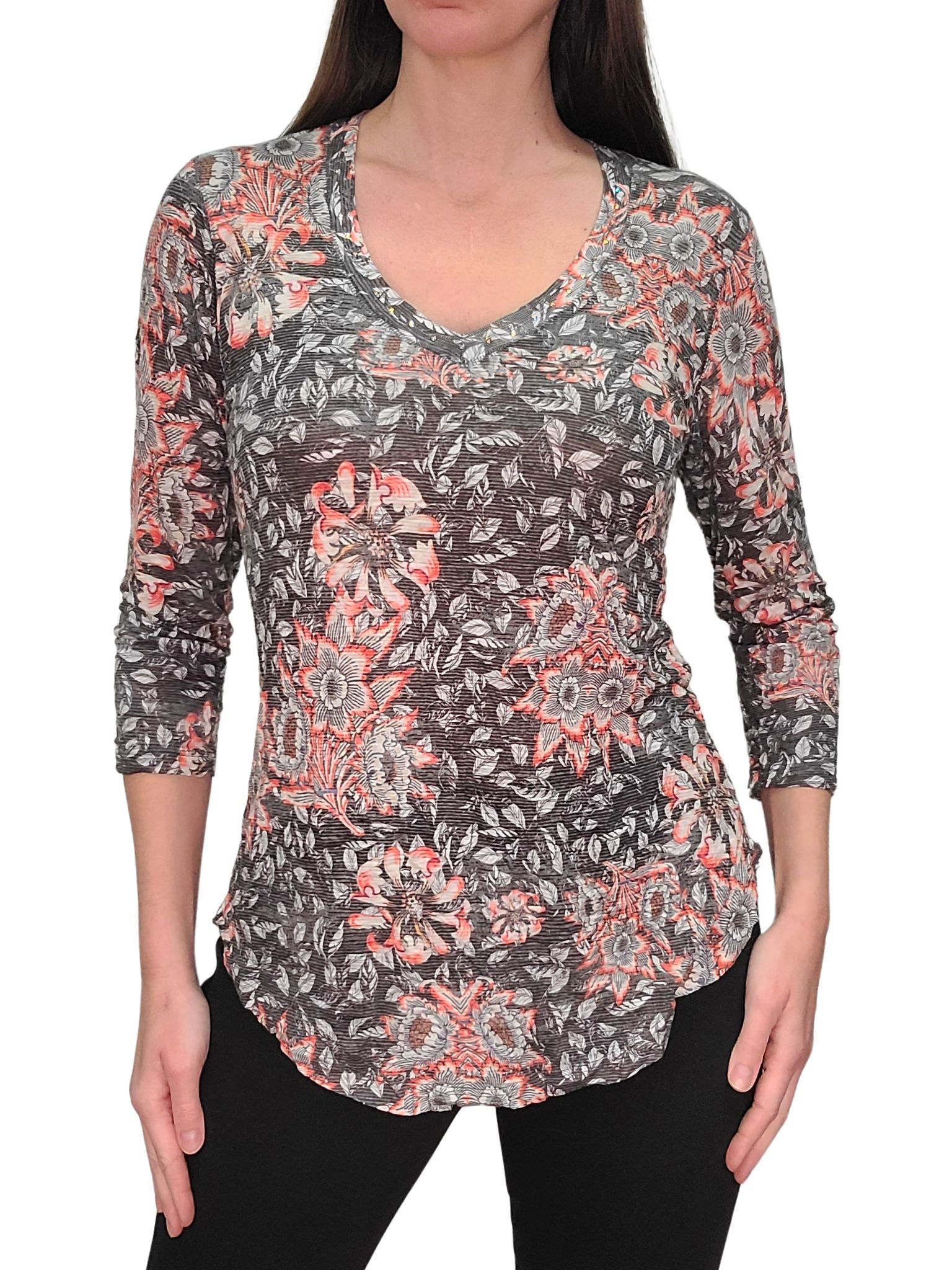 Crushed 3/4 Sleeve Onyx V-Neck with Rhinestones