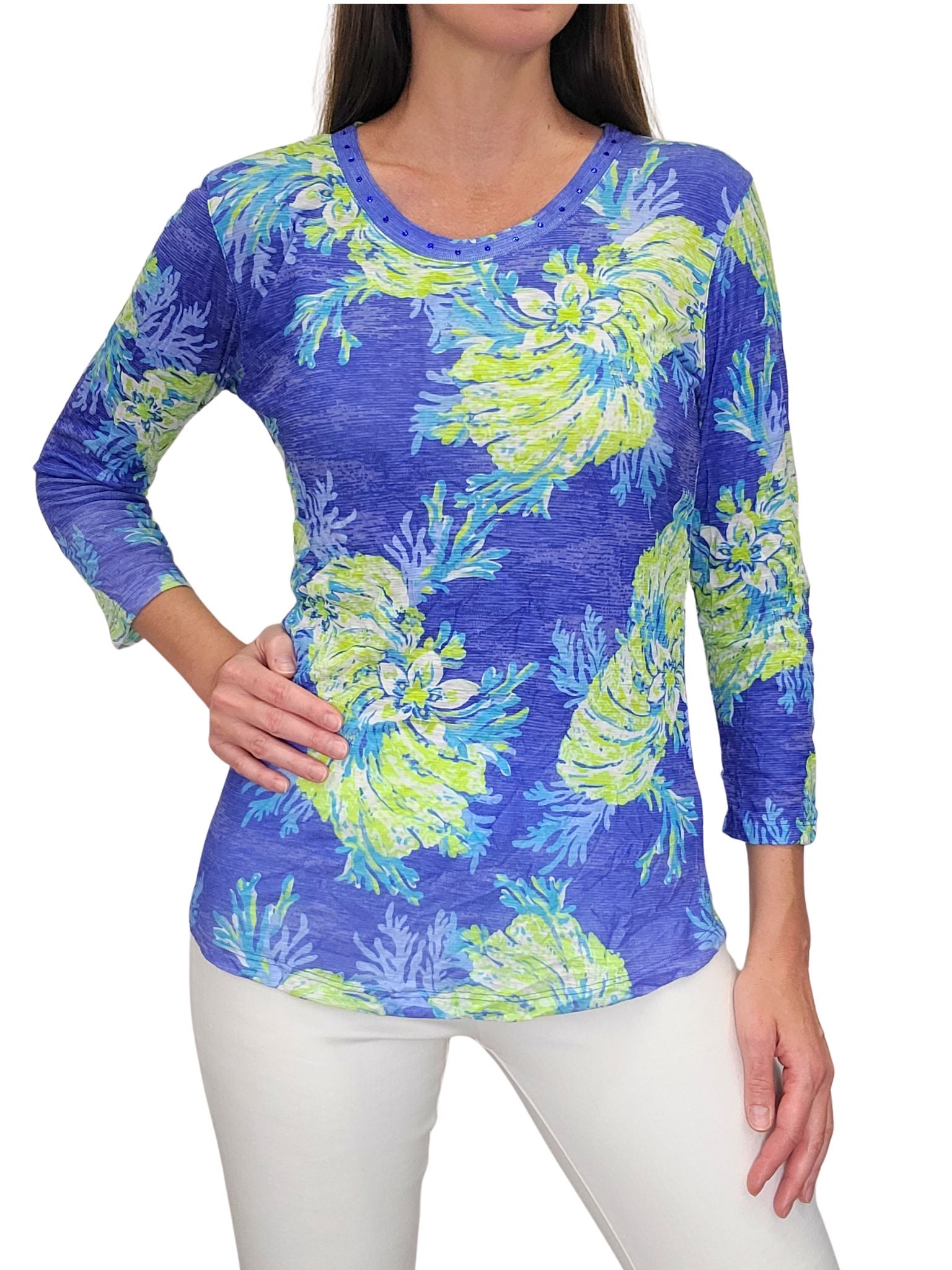 Crushed 3/4 Sleeve 'Royal' Crew Neck