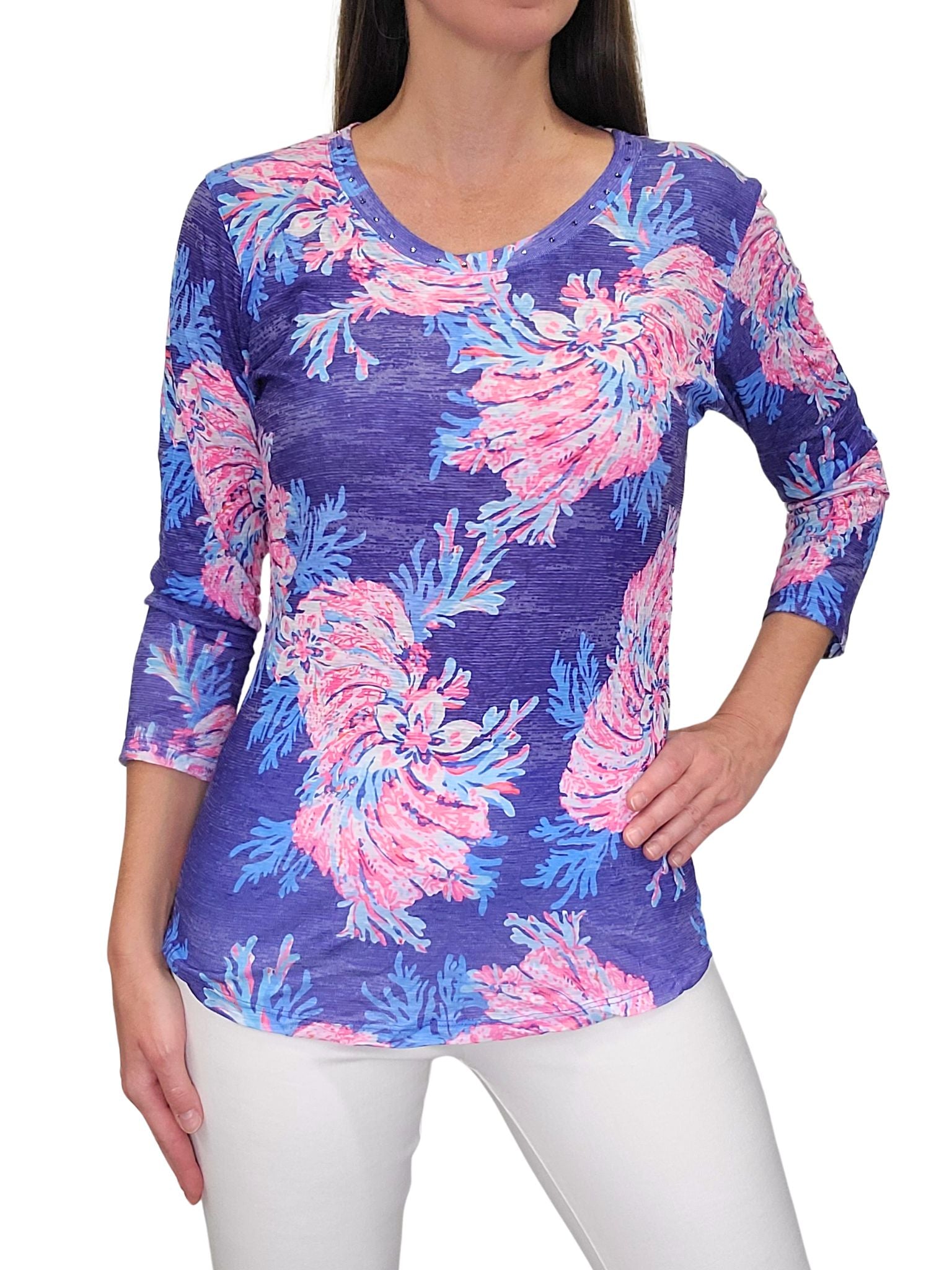 Crushed 3/4 Sleeve 'Lapis' Crew Neck