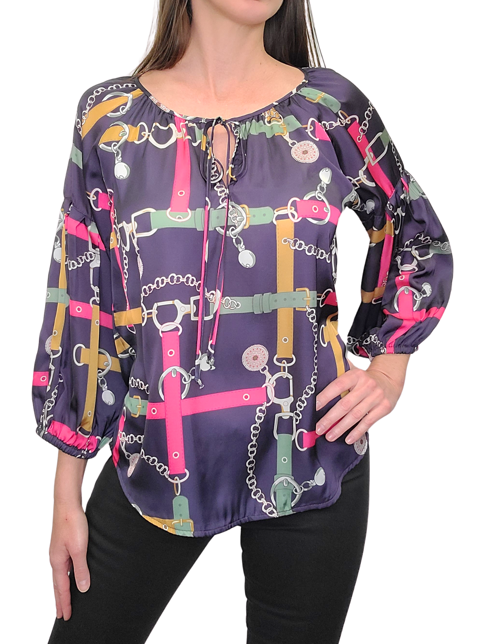 Satin Pleated Sleeve 'Belt' Peasant Blouse