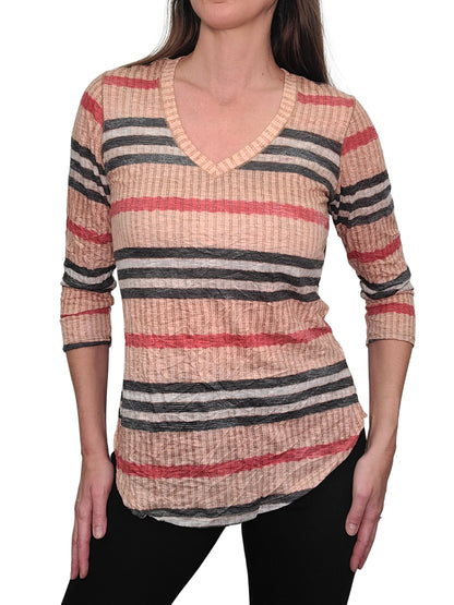 Crushed 3/4 Sleeve Camel V-Neck