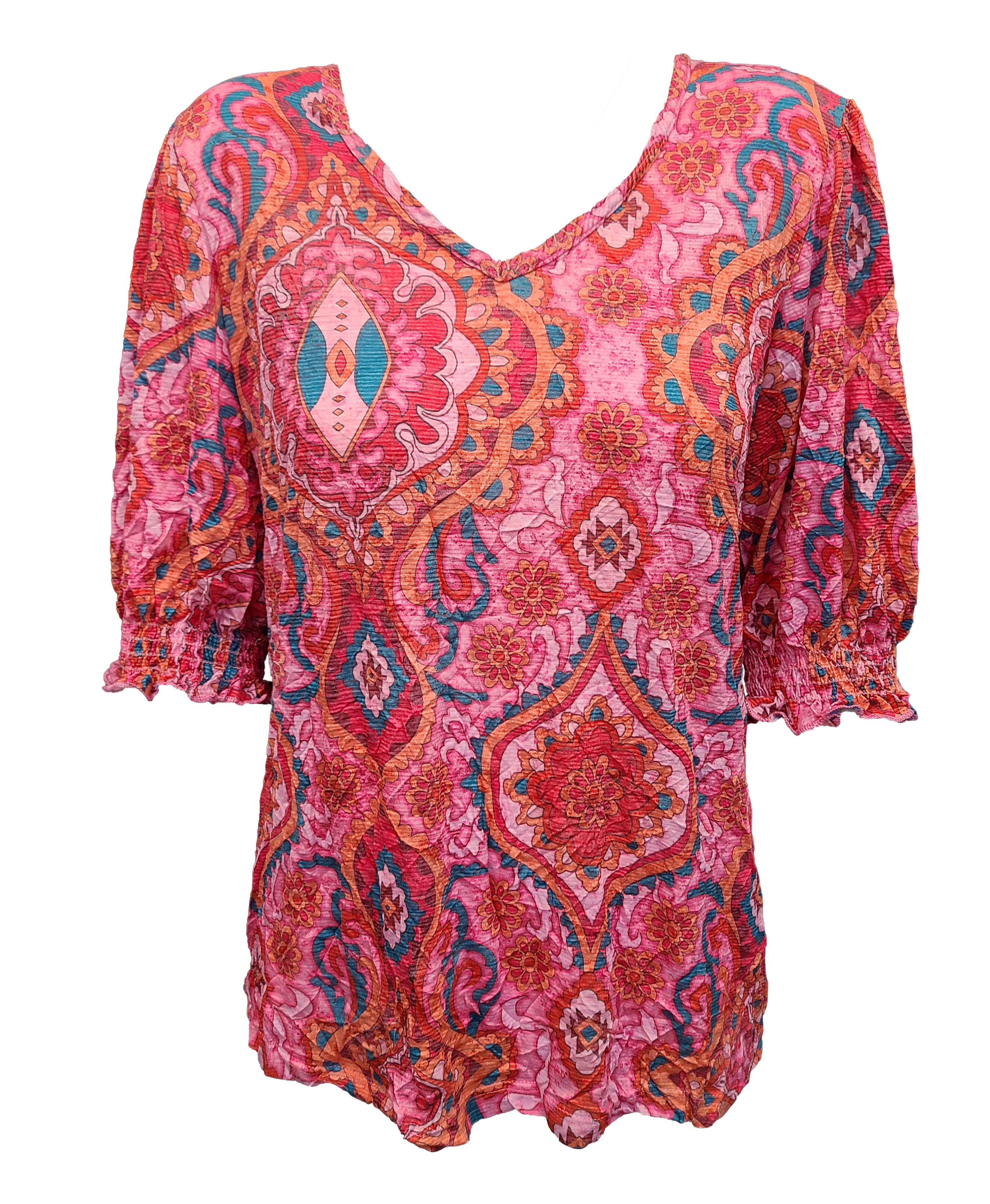 Crushed Smocked Sleeve Aztec V-Neck