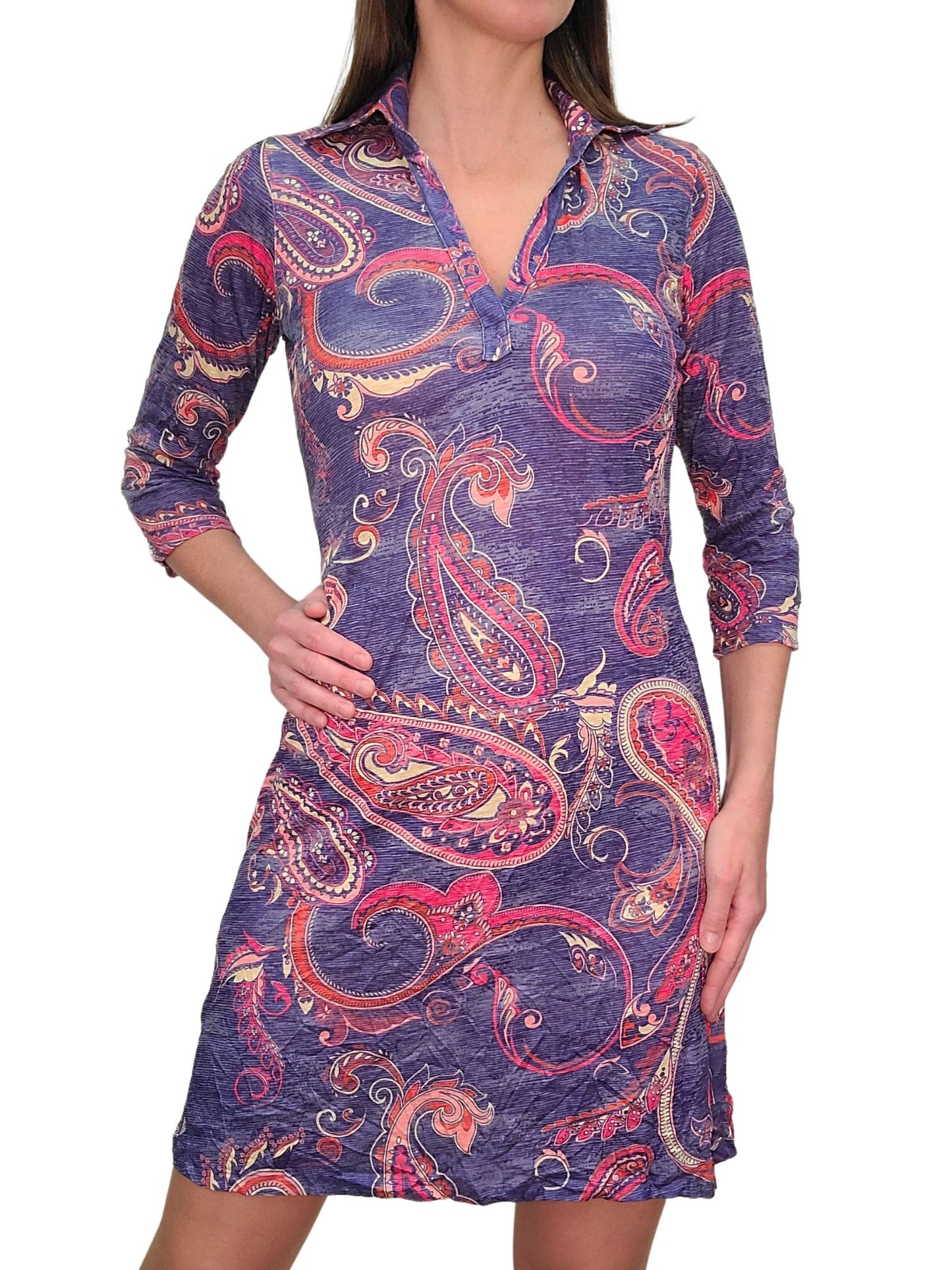 Crushed 3/4 Sleeve Amethyst Polo Dress