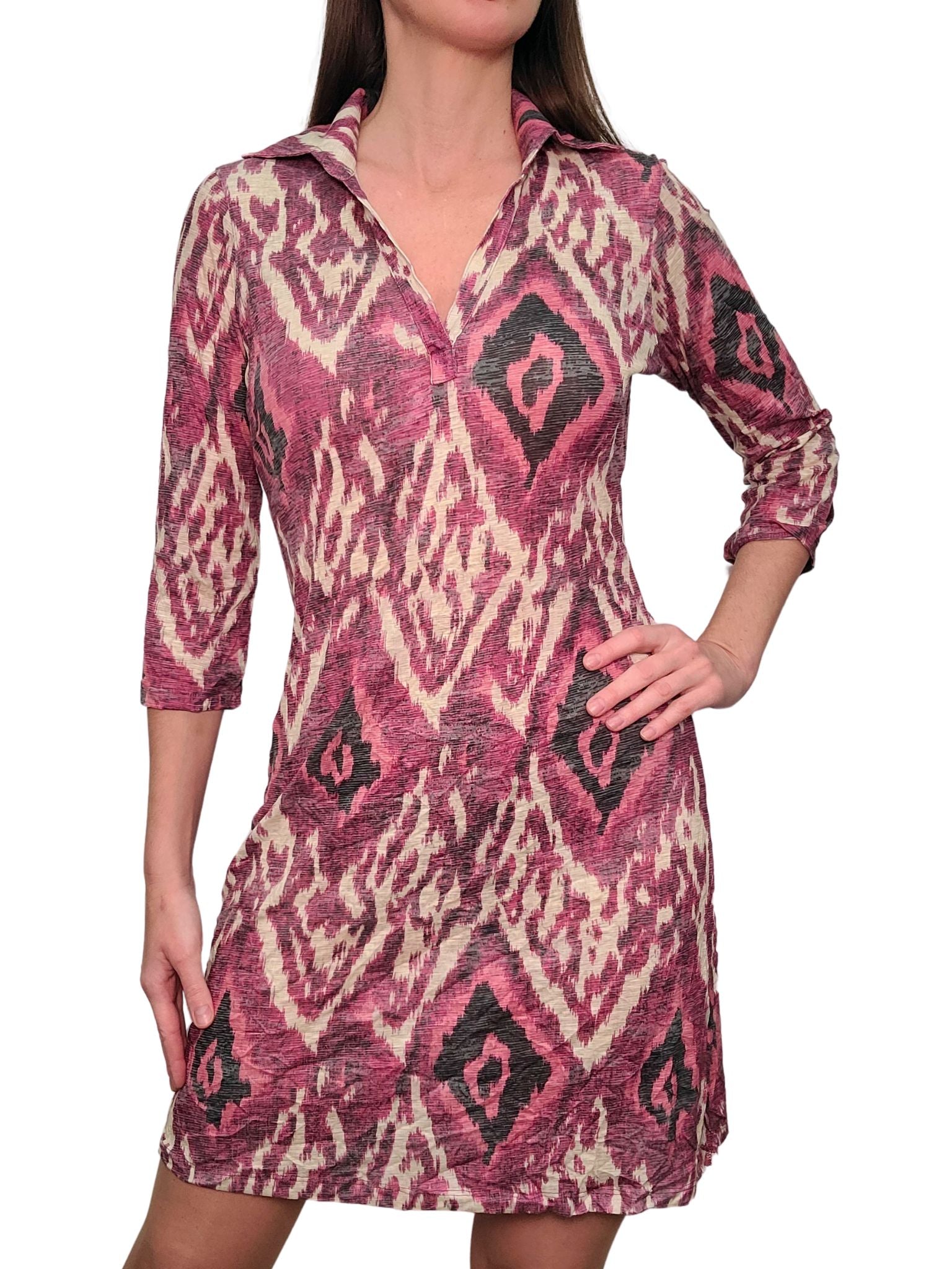 Crushed 3/4 Sleeve Magenta Polo Dress