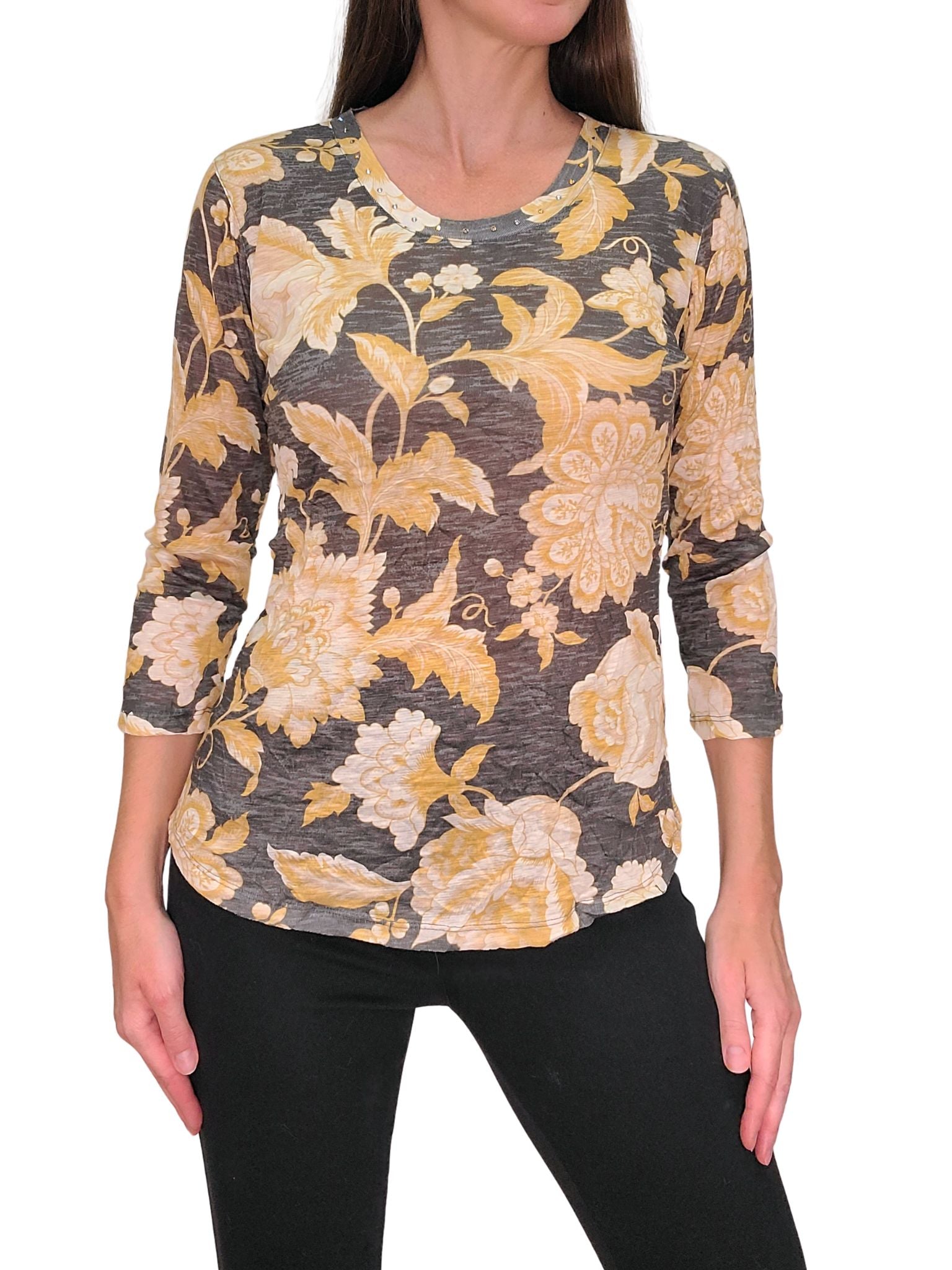 Crushed 3/4 Sleeve 'Sable' Crew Neck with Rhinestones