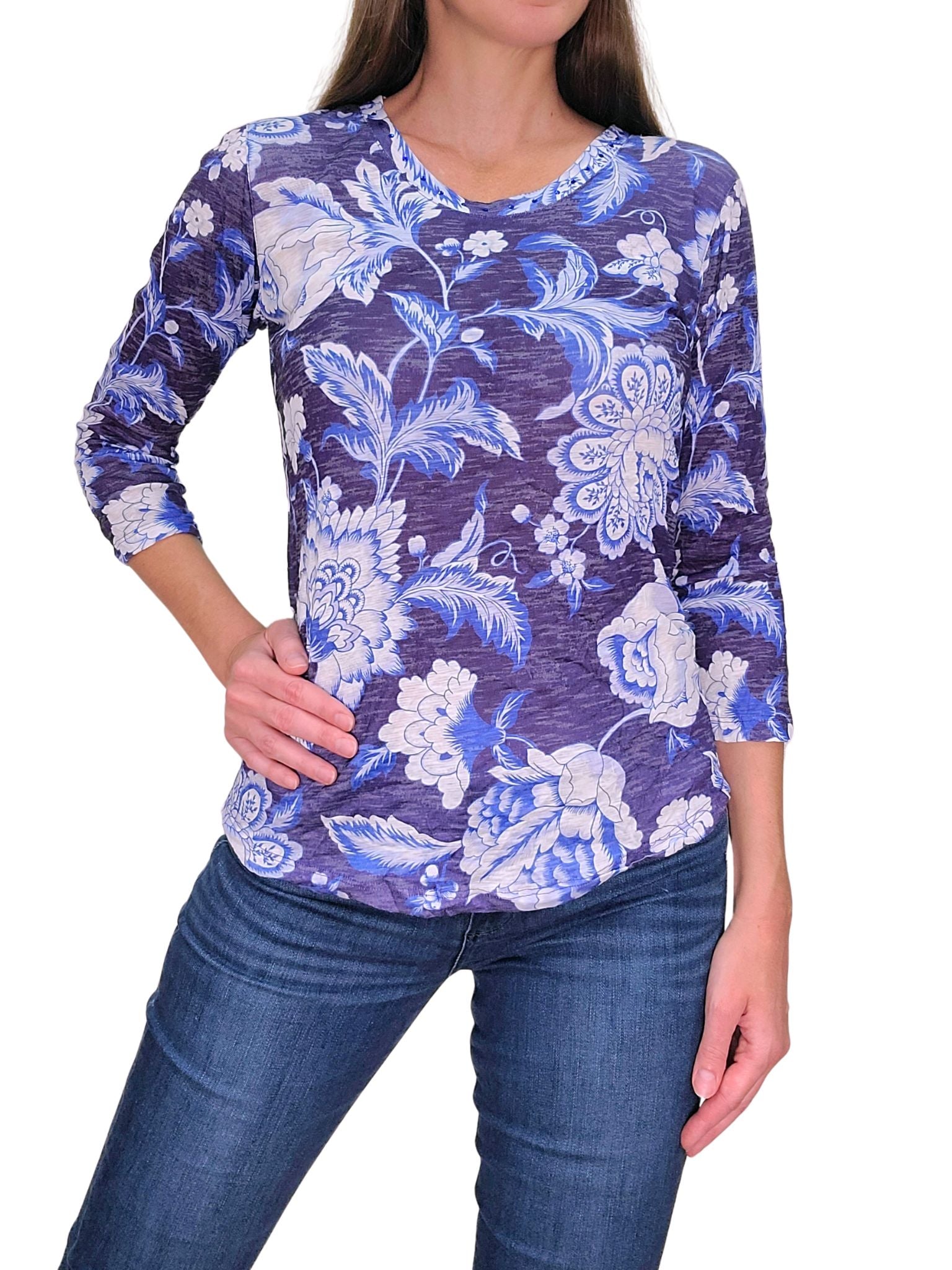 Crushed 3/4 Sleeve 'Ink' Crew Neck with Rhinestones