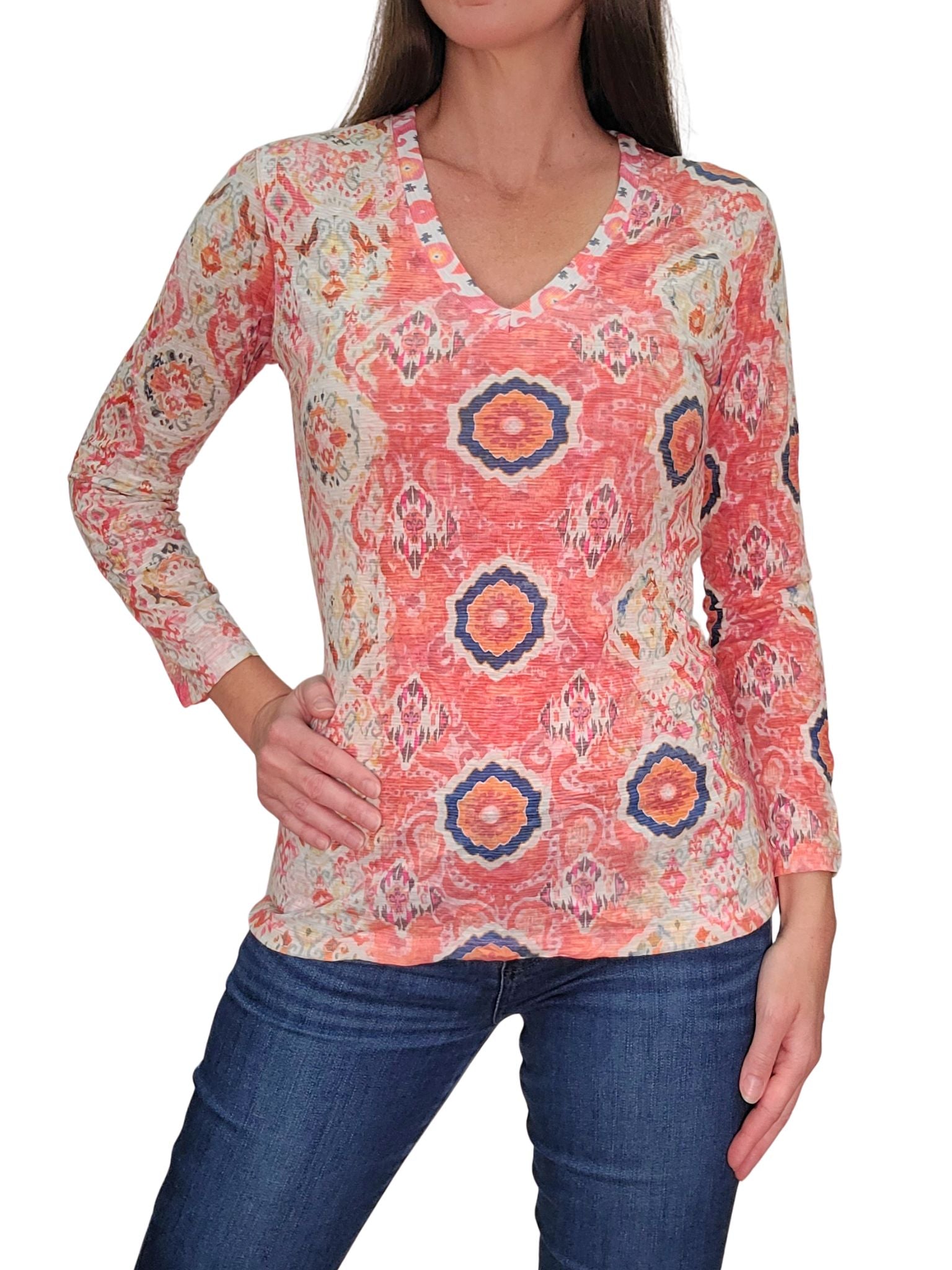 Crushed 3/4 Sleeve 'Rust' V-Neck with Straight Hem