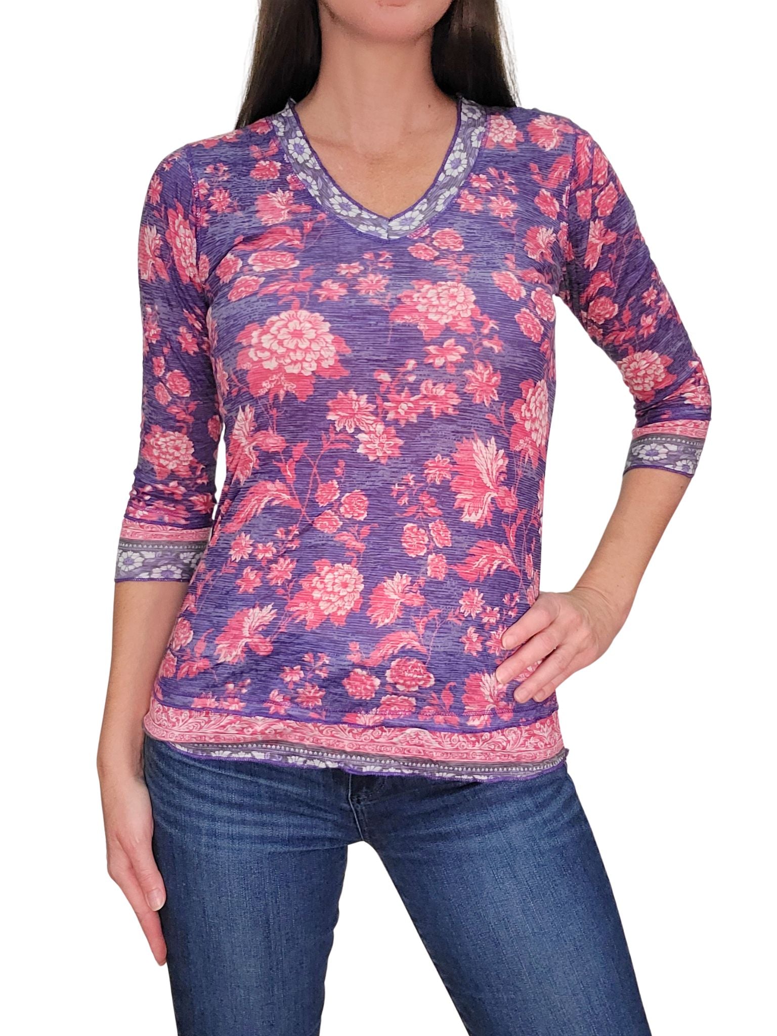 Crushed 3/4 Sleeve 'Purple' V-Neck