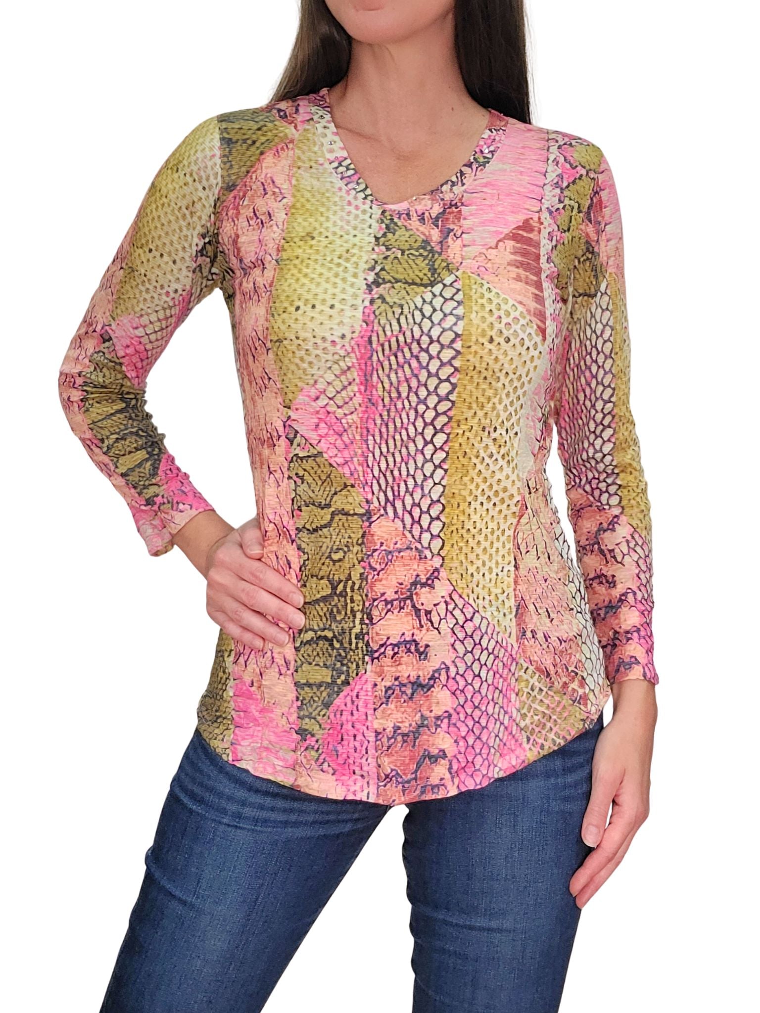 Crushed 3/4 Sleeve 'Snake' Crew Neck with Rhinestones