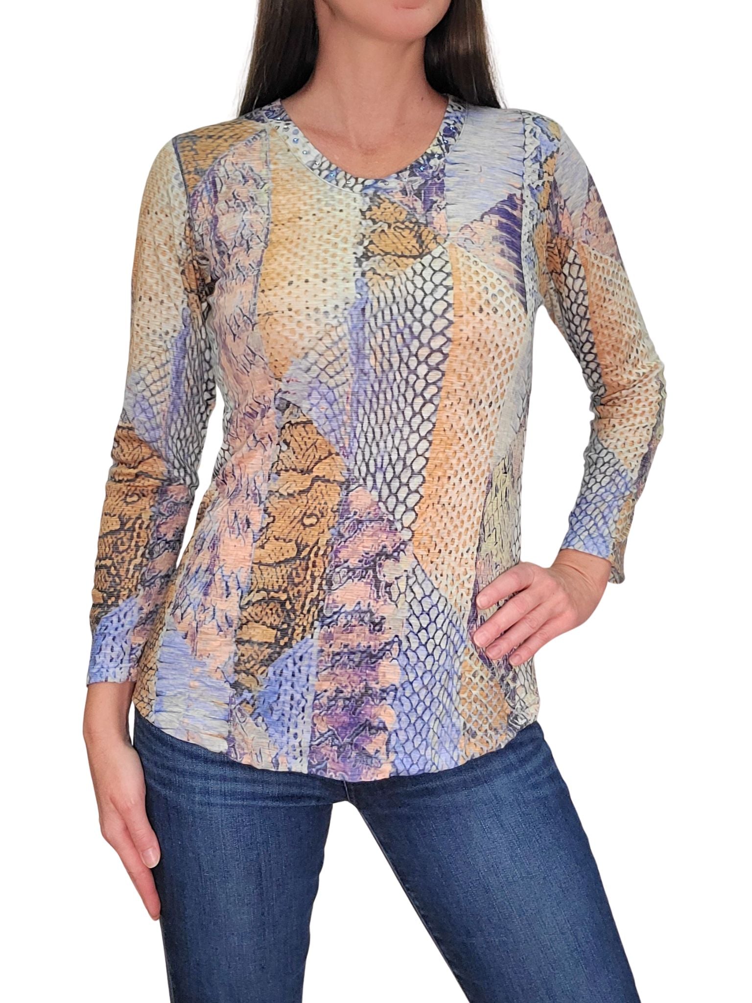 Crushed 3/4 Sleeve 'Cobra' Crew Neck with Rhinestones