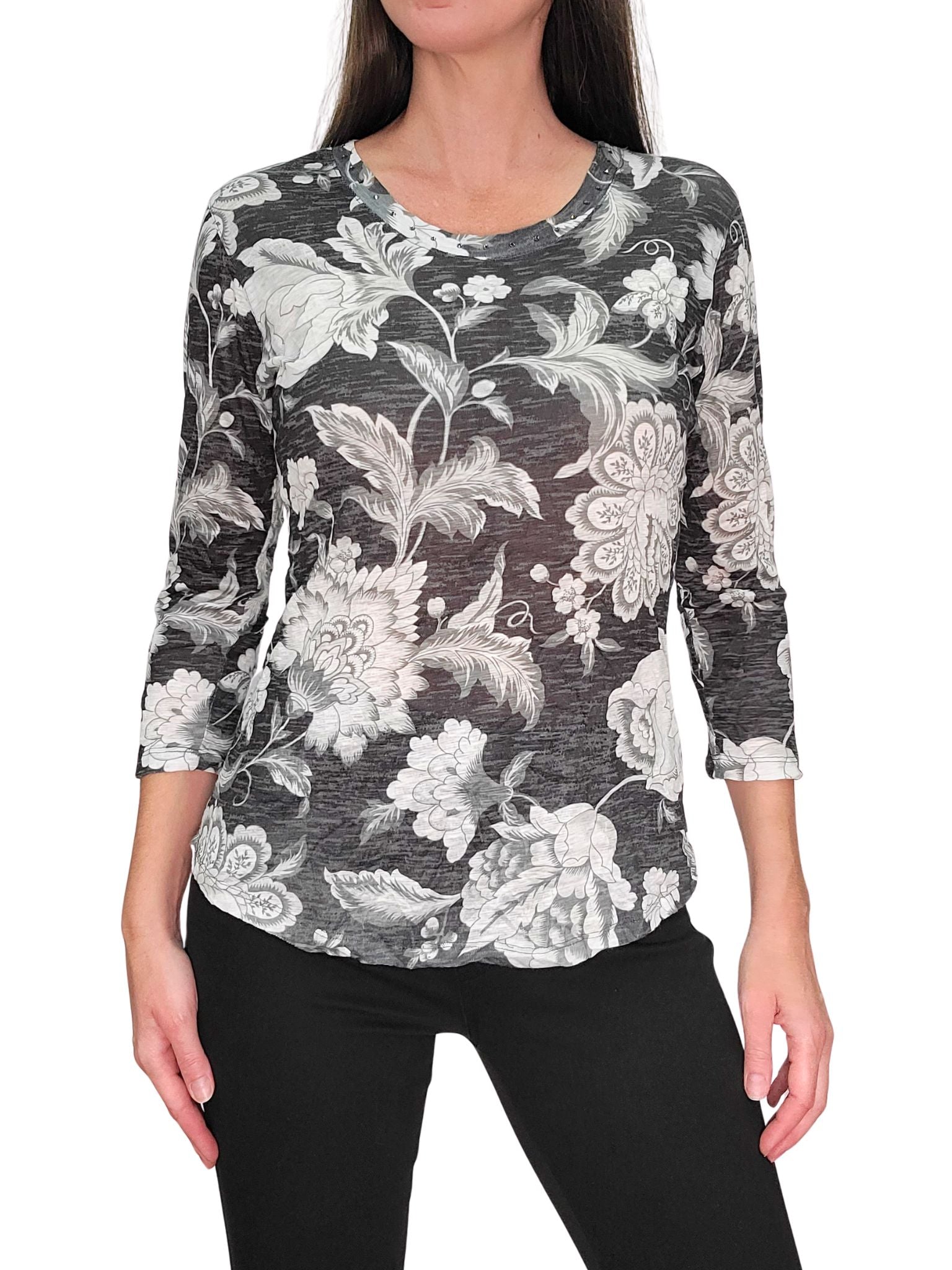 Crushed 3/4 Sleeve 'Tar' Crew Neck with Rhinestones