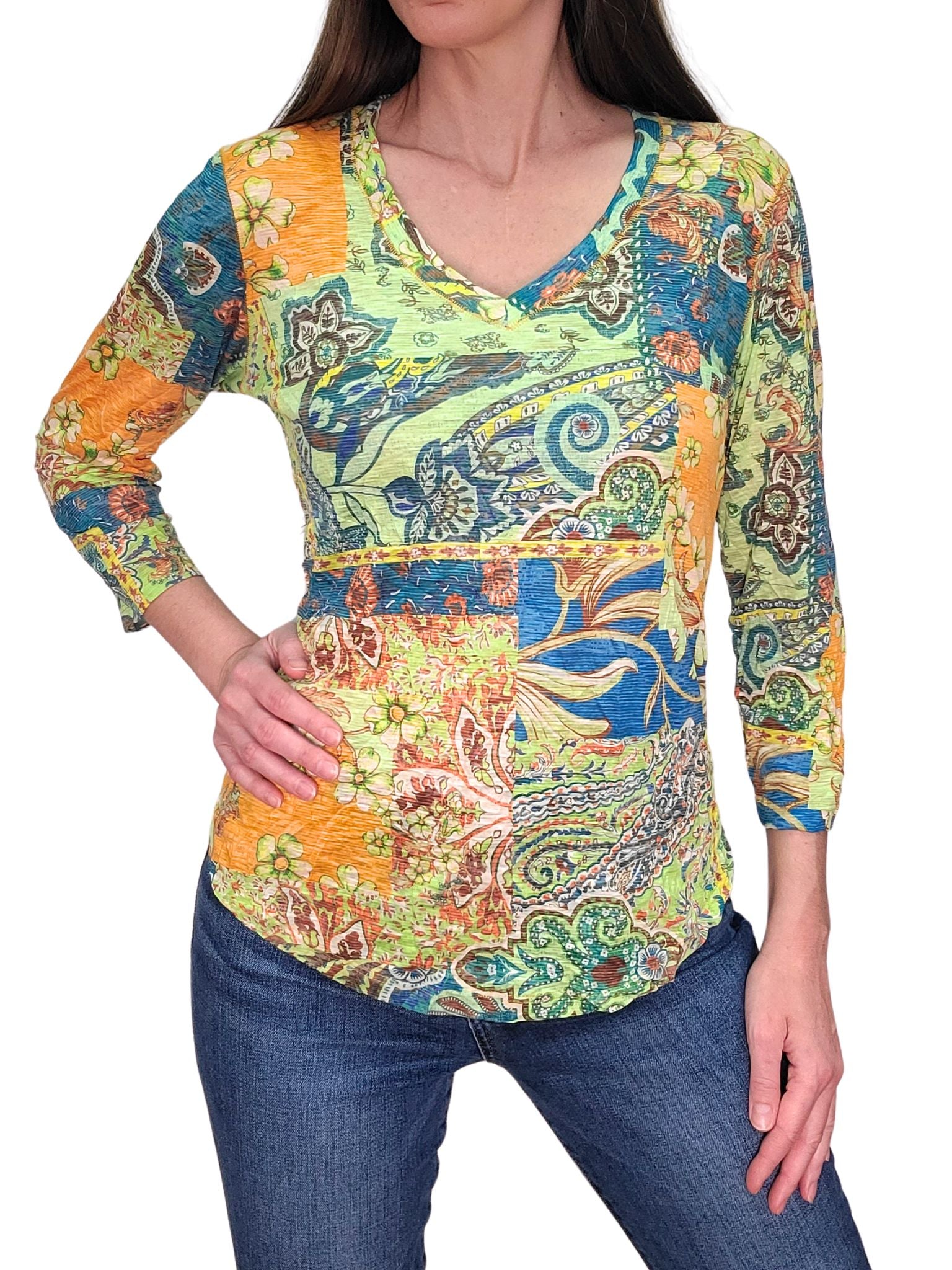 Crushed 3/4 Sleeve Stem V-Neck