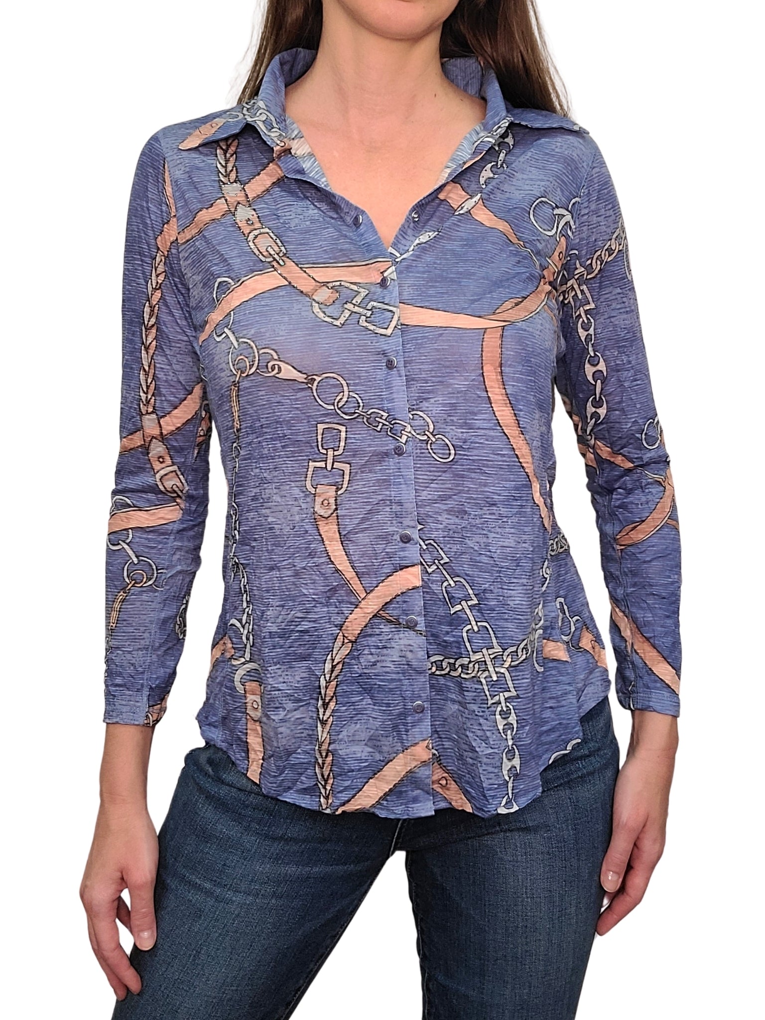Crushed Long Sleeve Blueberry Shirt with Rhinestones