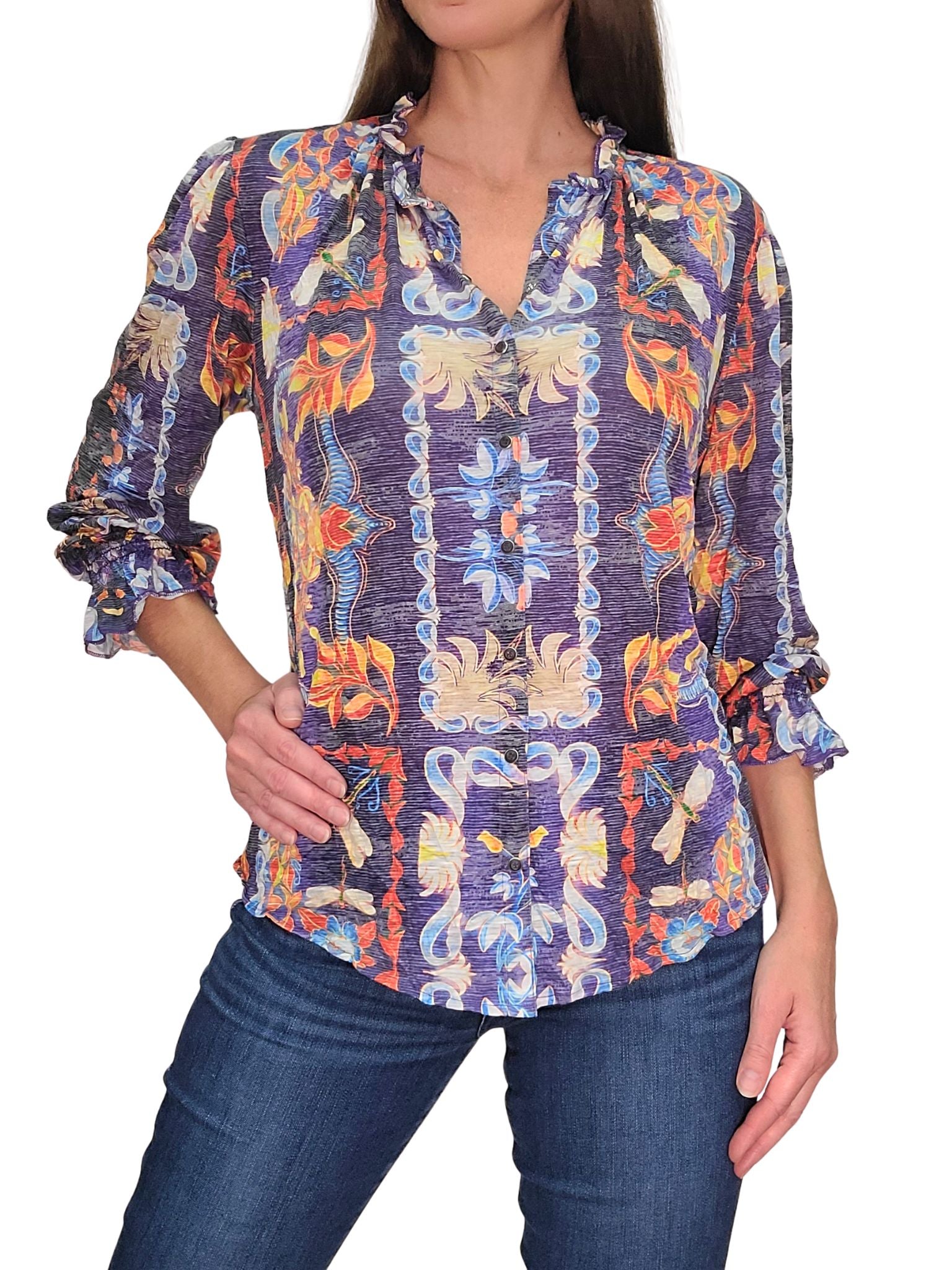 Ruffled 'Mosaic' Blouse with 3/4 Smocked Sleeves