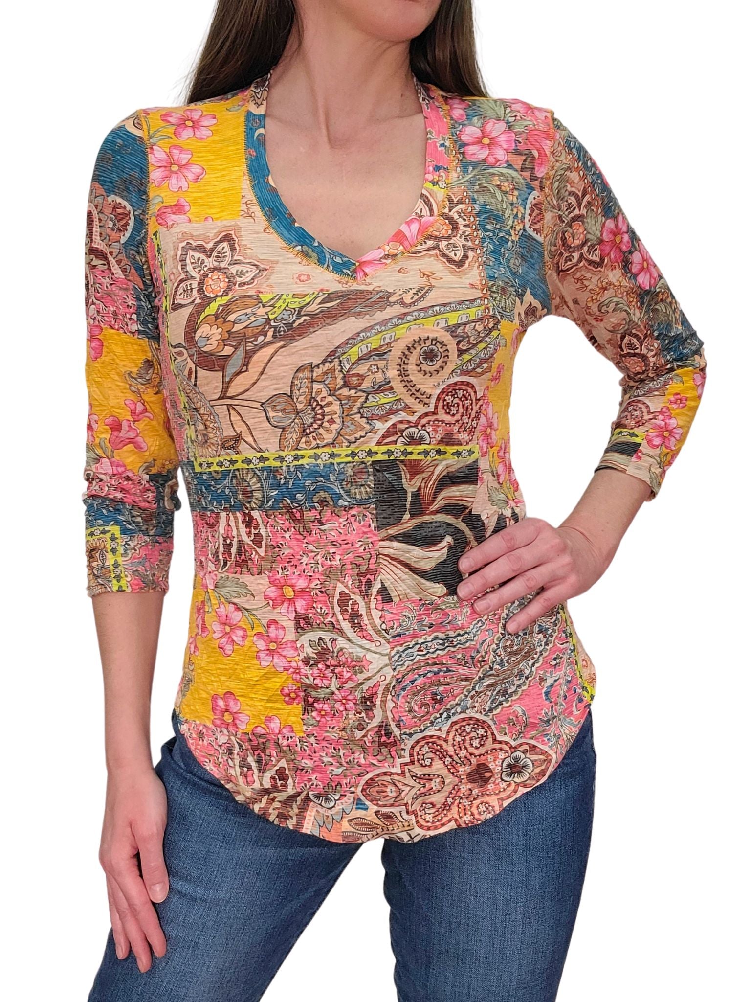 Crushed 3/4 Sleeve Petal V-Neck