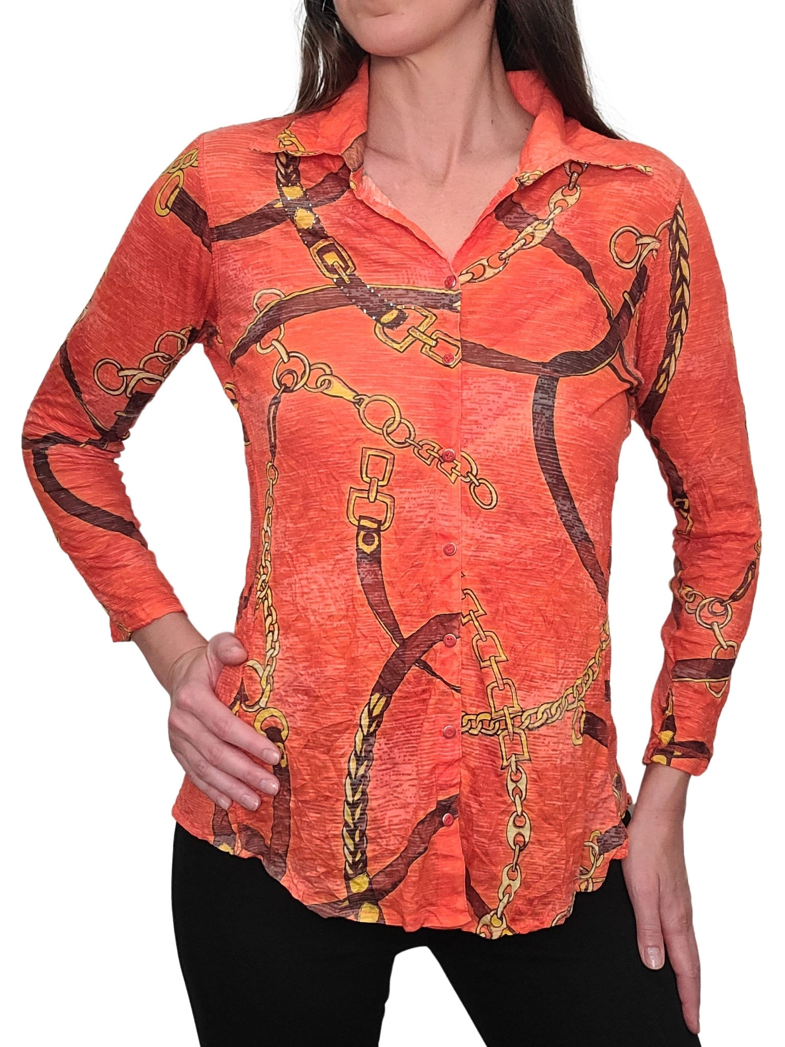 Crushed Long Sleeve Tomato Shirt with Rhinestones