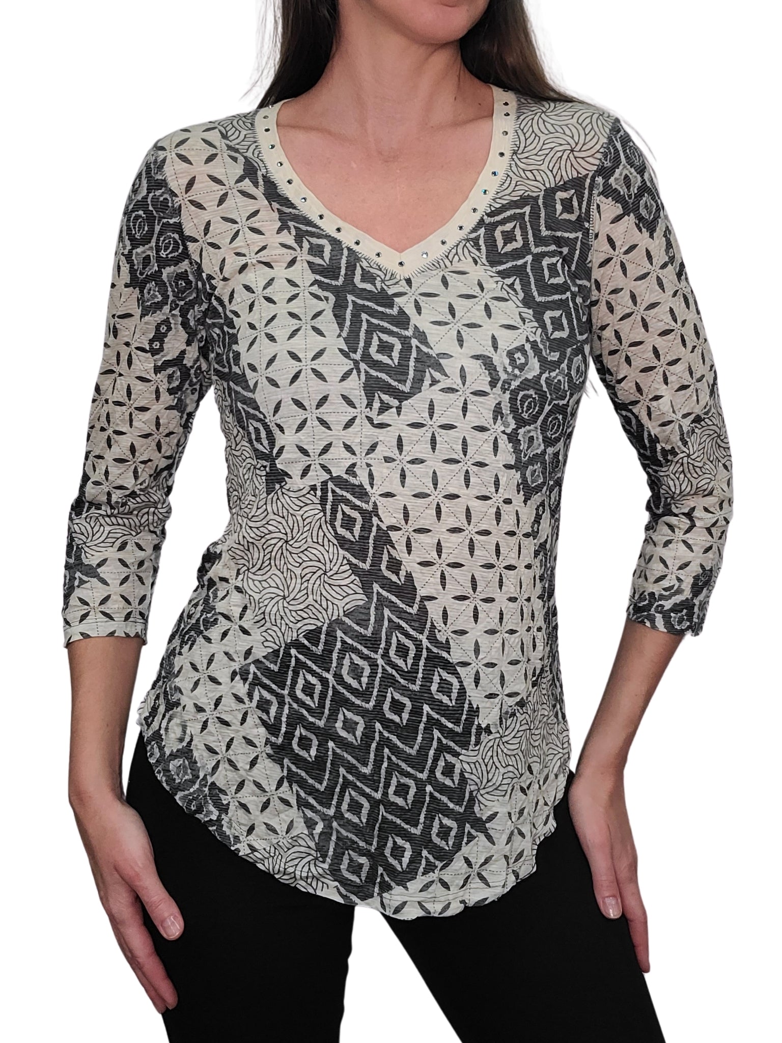 Crushed 3/4 Sleeve Cement V-Neck with Rhinestones