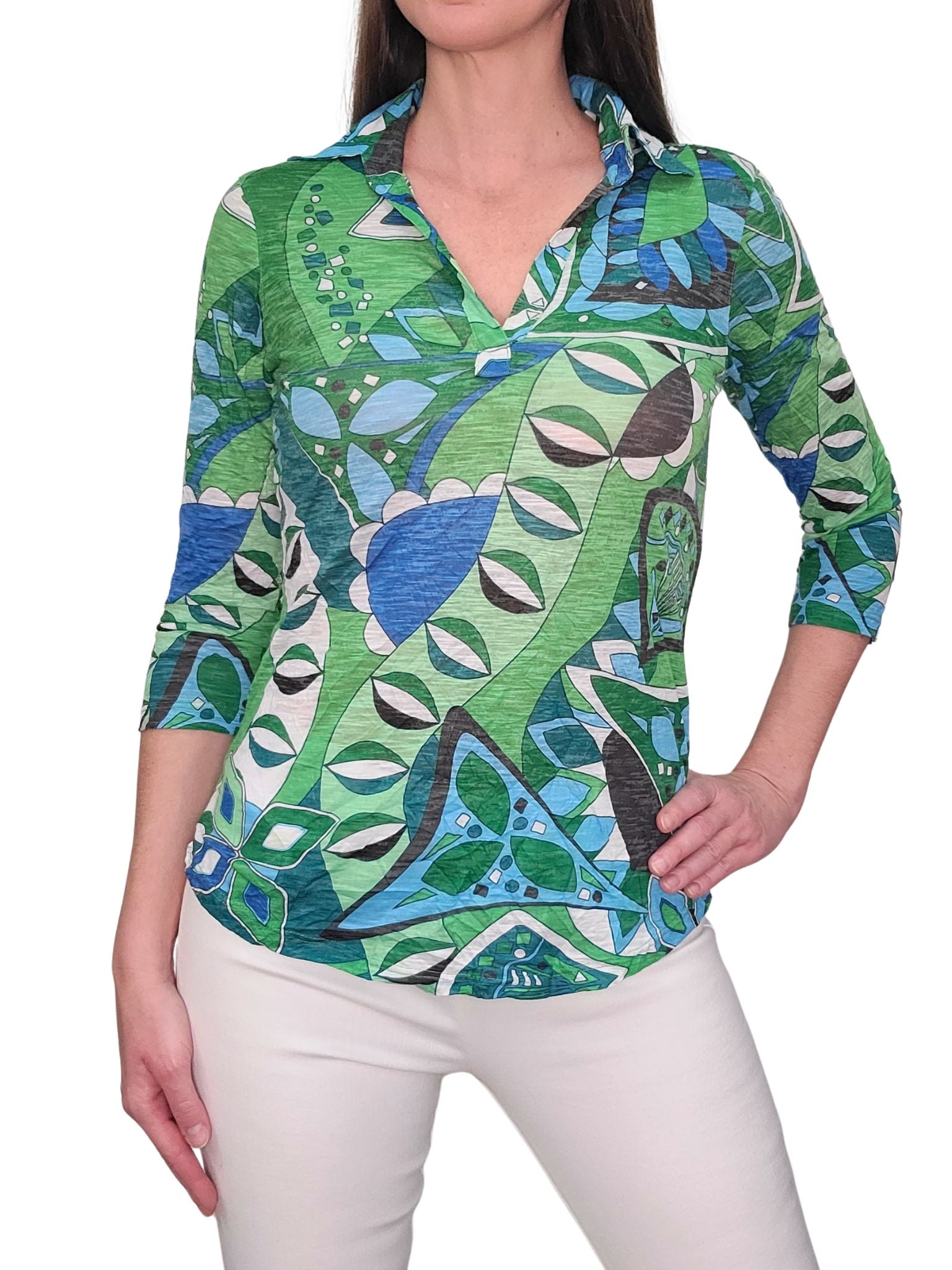 Ikat-Poloshirt mit 3/4-Ärmeln im Crushed-Look