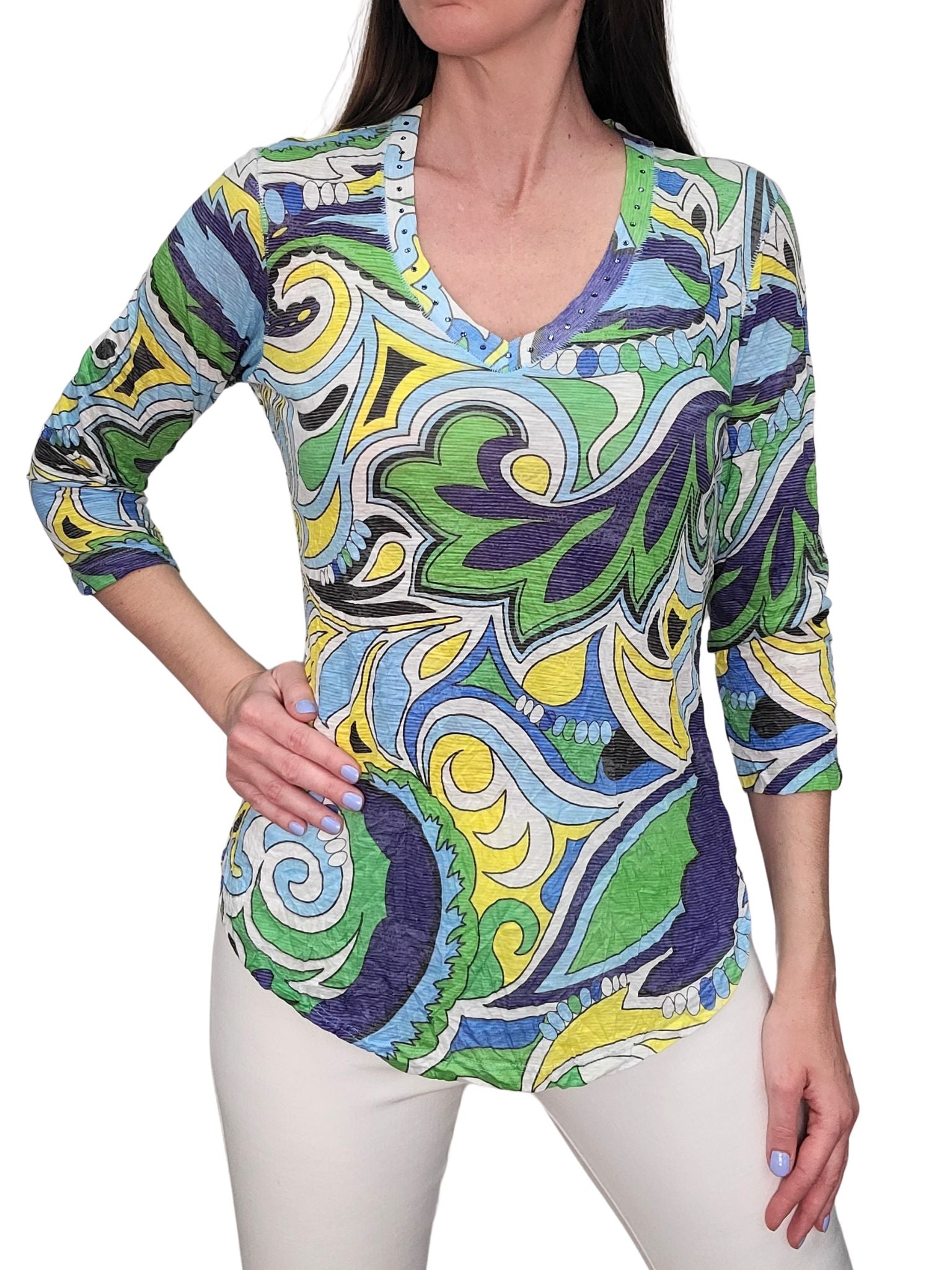 Crushed 3/4 Sleeve 'Paisley' V-Neck