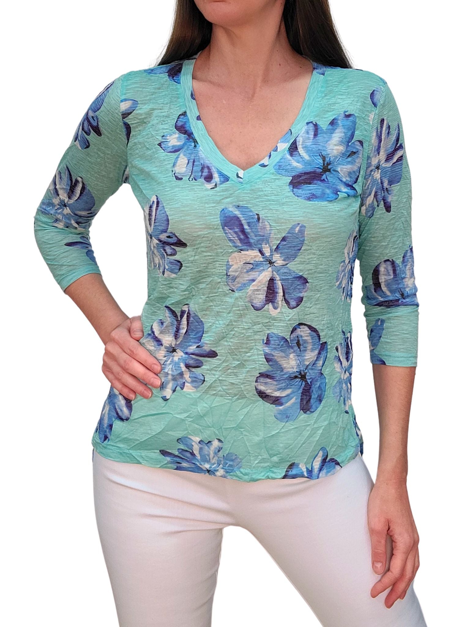 Crushed 3/4 Sleeve 'Mint' V-Neck