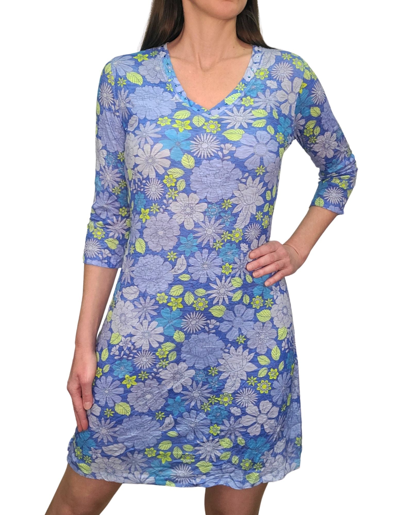 Crushed 3/4 Sleeve Iris Dress w/ Rhinestones