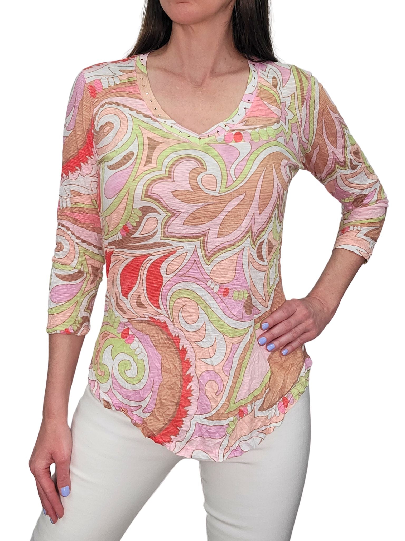 Crushed 3/4 Sleeve 'Pastel' V-Neck