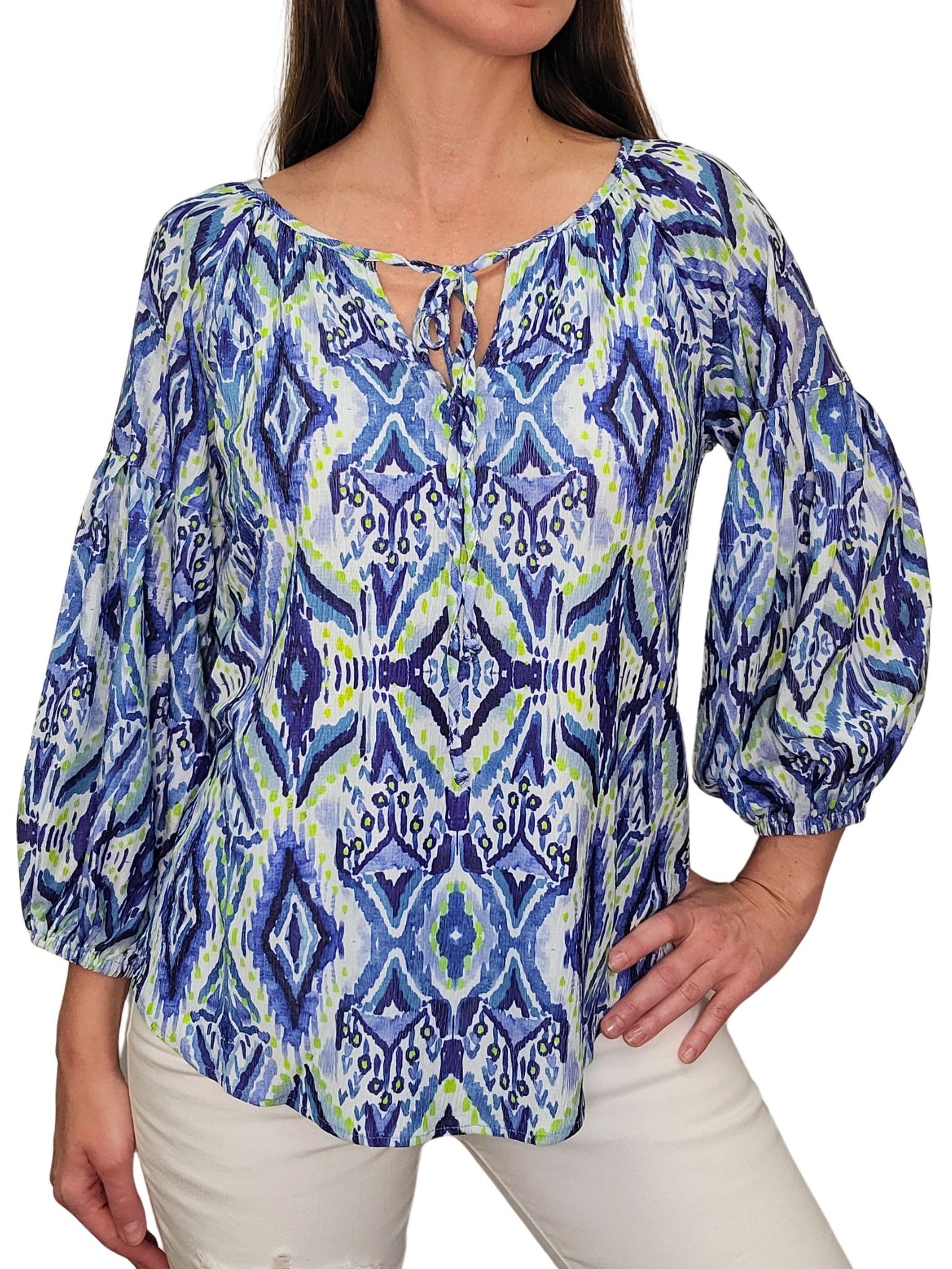 Ikat Pleated Sleeve Peasant Blouse