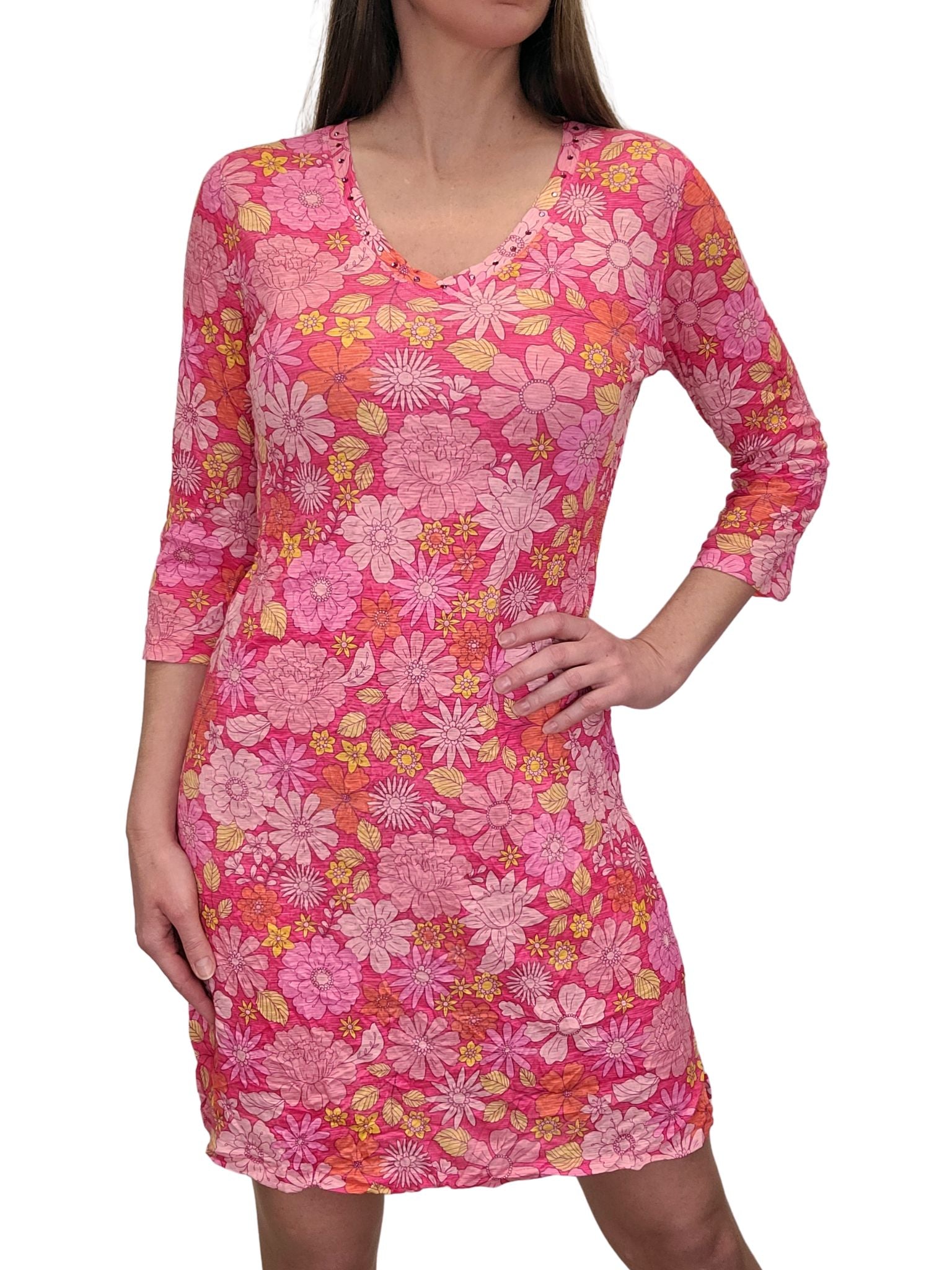 Crushed 3/4 Sleeve Pansy Dress w/ Rhinestones