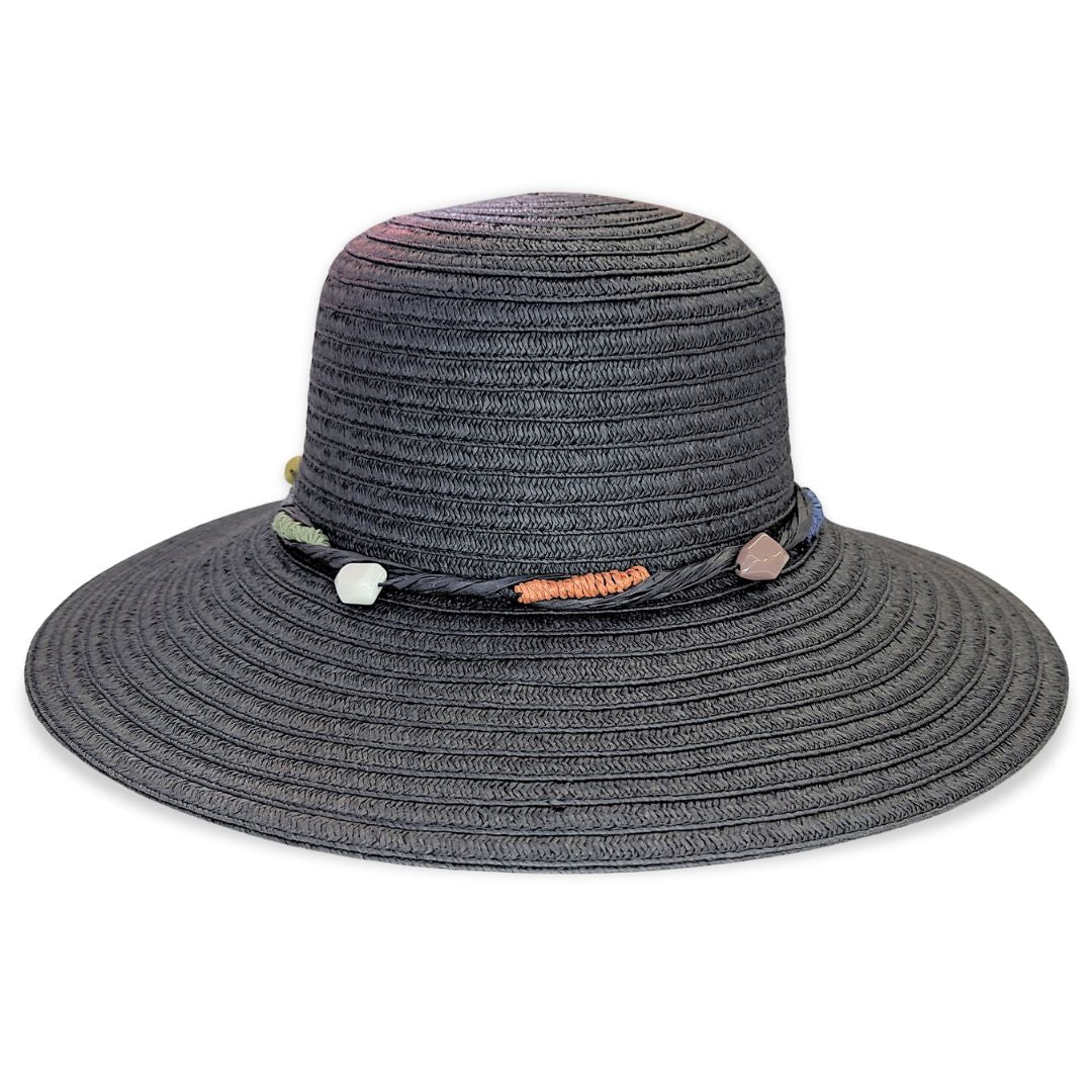 Black Straw Hat with Colored Stone Trim