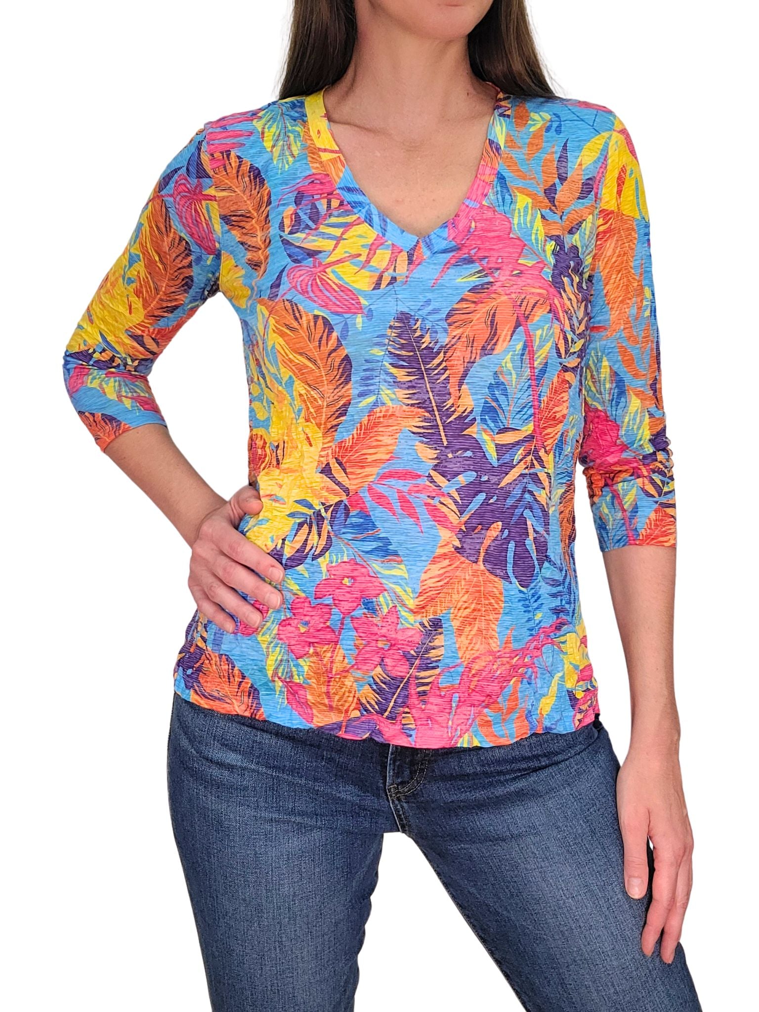 Crushed 3/4 Sleeve 'Palm' V-Neck