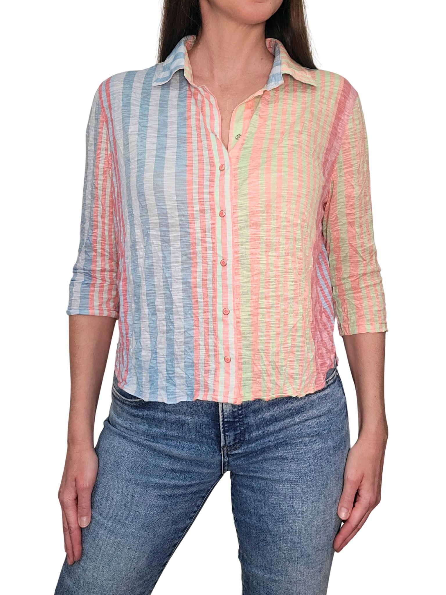 크러쉬드 3/4 슬리브 리프 셔츠 