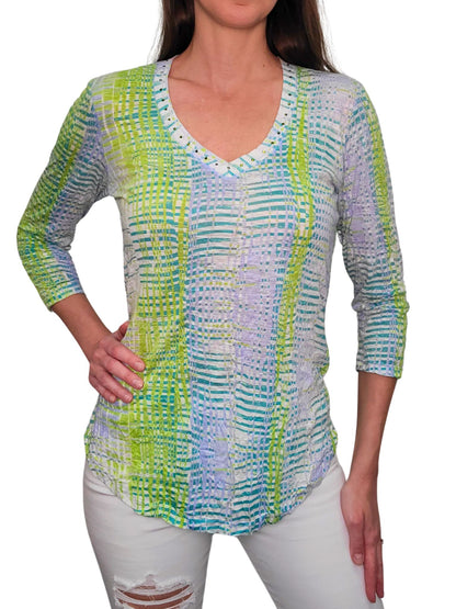 Crushed 3/4 Sleeve Lime V-Neck with Rhinestones