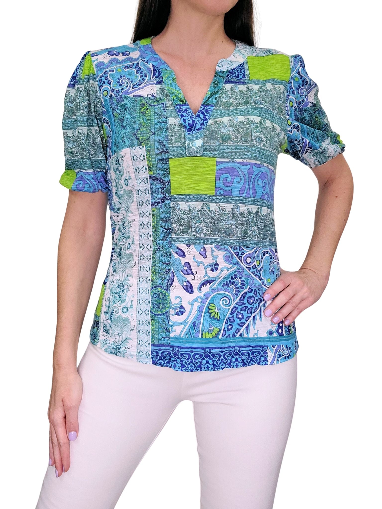 Ikat-Poloshirt mit 3/4-Ärmeln im Crushed-Look