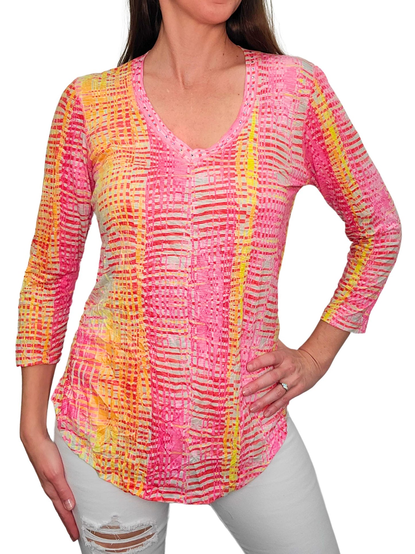 Crushed 3/4 Sleeve Lava V-Neck w/ Rhinestones