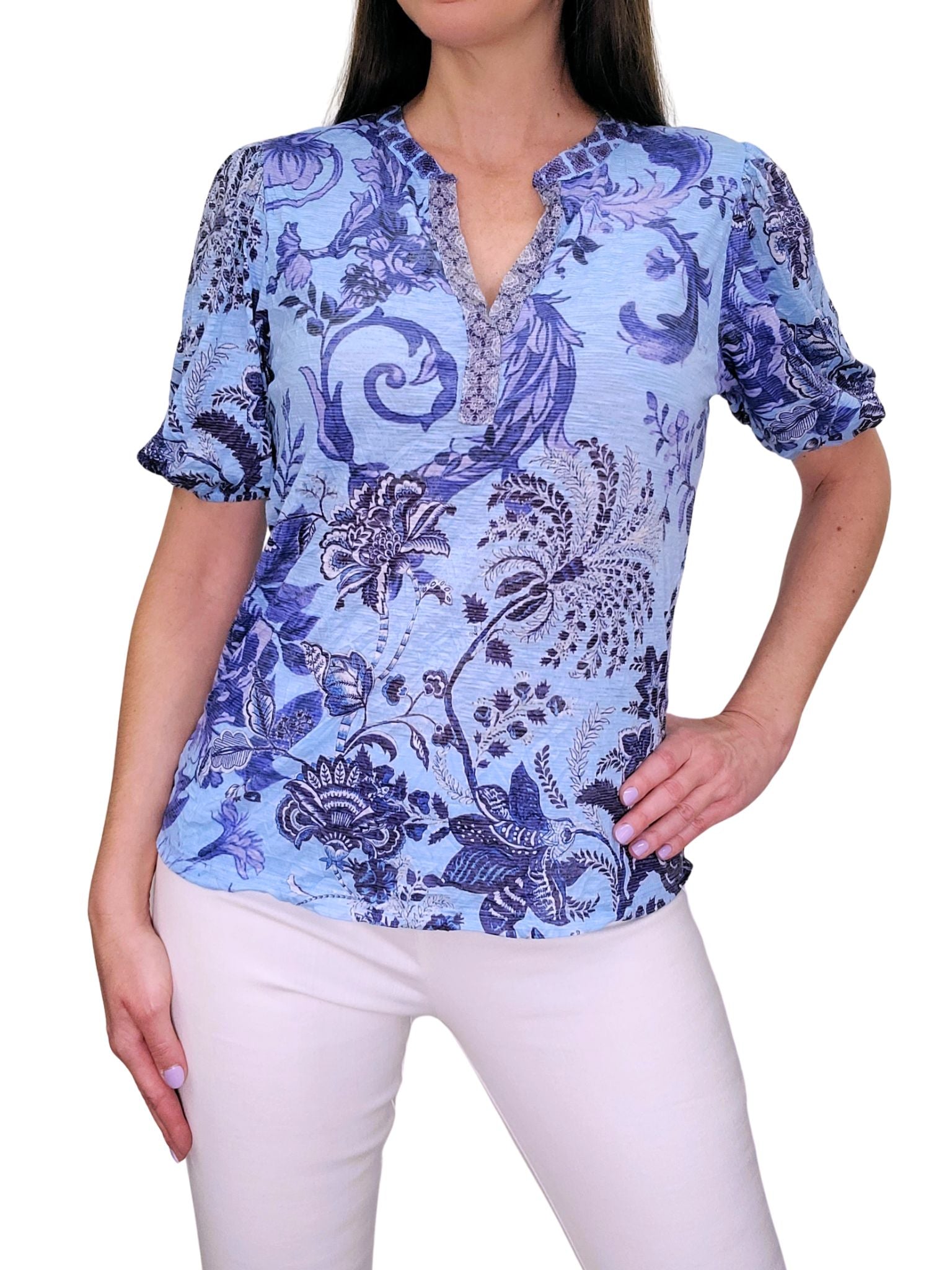 Ikat-Poloshirt mit 3/4-Ärmeln im Crushed-Look