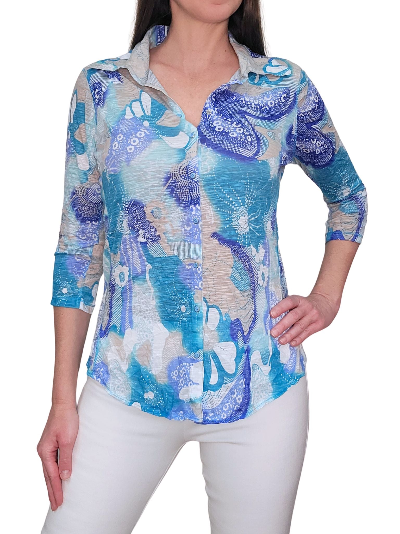 크러쉬드 3/4 슬리브 리프 셔츠 